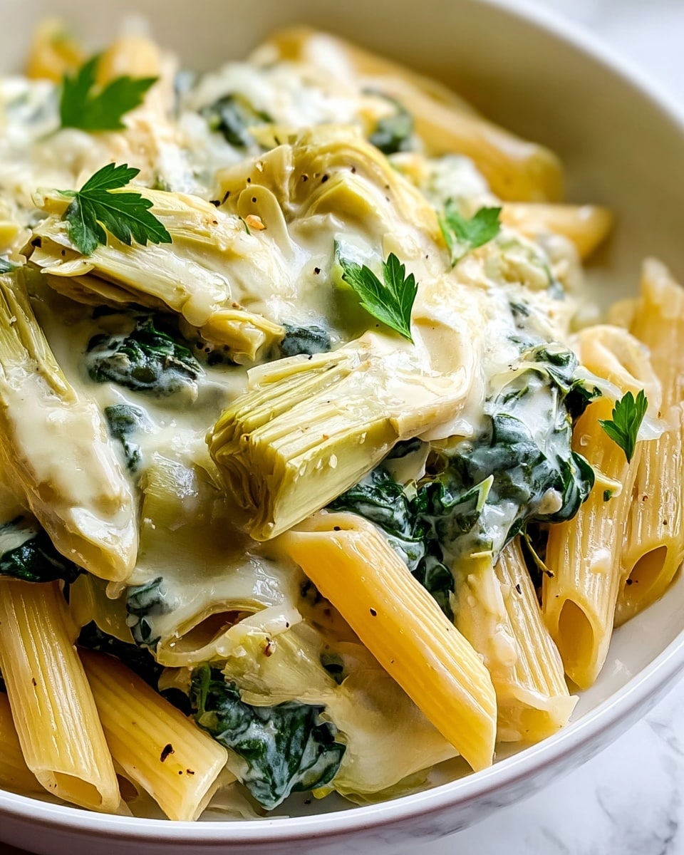 A close-up view of a white bowl filled with creamy pasta, featuring three main layers: al dente penne pasta in a light golden-yellow color making up the base layer, sautéed dark green spinach mixed evenly through the pasta as a middle layer, and tender green artichoke hearts layered on top. The entire dish is covered with a melted white cheese layer that appears smooth and slightly glossy, with small bubbles. Fresh chopped green parsley is sprinkled in the center on top. The background surface shows a white marbled texture. Photo taken with an iphone --ar 4:5 --v 7