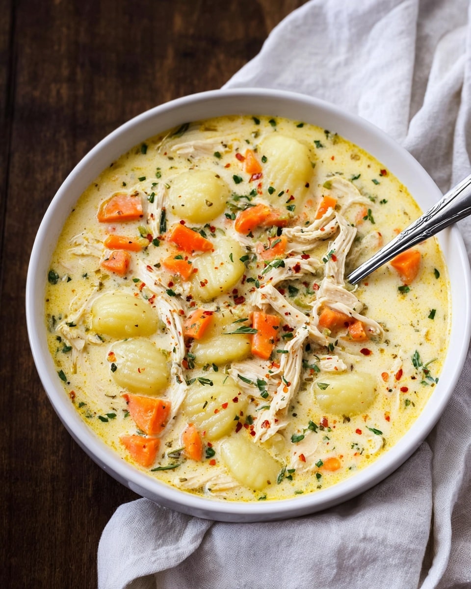 A white bowl filled with creamy chicken soup, showing two main layers: a rich, pale yellow creamy broth with specks of green herbs evenly spread throughout, and on top, tender shredded pieces of cooked chicken mixed with small chunks of bright orange carrots and plump, ridged pale yellow gnocchi. The soup’s surface is dotted with finely chopped herbs and subtle flecks of red pepper flakes, adding color contrast. A silver spoon rests inside the bowl, which sits on a dark wooden surface next to a soft white cloth. photo taken with an iphone --ar 4:5 --v 7