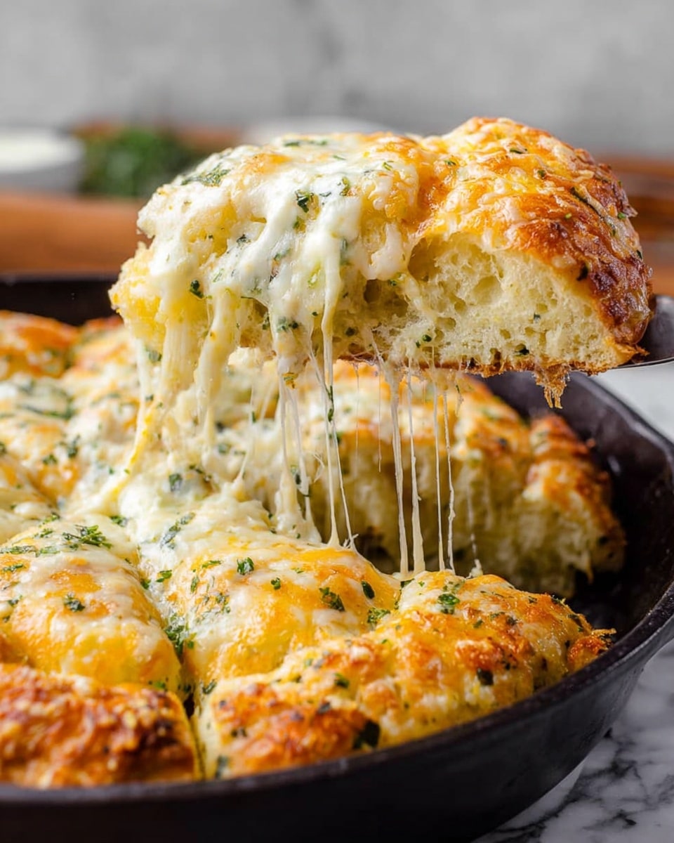 A slice of thick, golden-brown cheesy bread is being lifted from a black skillet, with melted white and yellow cheese stretching between the slice and the rest of the bread, showing gooey, stringy texture. The bread inside looks soft and fluffy with light air pockets, and the top is covered in melted cheese with flecks of green herbs. The skillet is placed on a white marbled surface, with a blurred background giving focus to the cheesy bread. Photo taken with an iphone --ar 4:5 --v 7