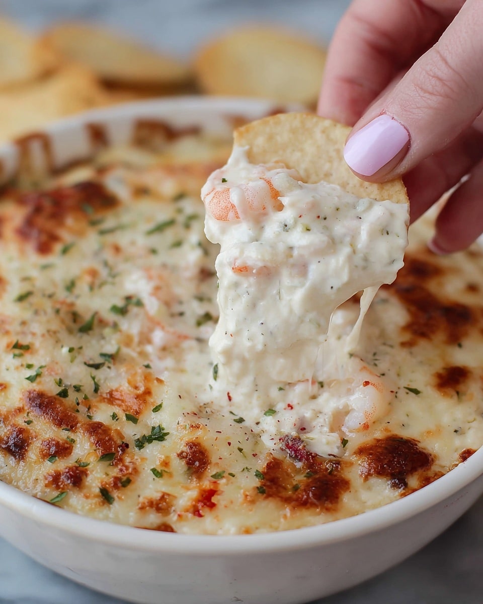 A close-up of a white bowl filled with creamy white melted cheese dip that contains small pink shrimp and green herbs mixed inside. The top layer is lightly browned and bubbly with melted cheese, golden shrimp pieces, and sprinkled green herbs. A white chip is scooping up a thick portion of the dip, showing stretchy melted cheese between the chip and the bowl. A woman's hand with light pink nail polish is holding the chip. The bowl rests on a white marbled surface. photo taken with an iphone --ar 4:5 --v 7