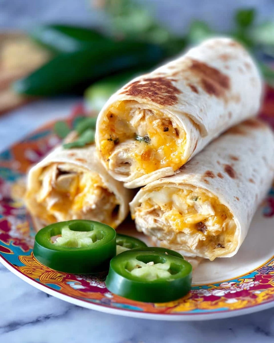 The image shows a stack of six golden-brown rolled taquitos arranged in two layers on a clean, white plate resting on a green leaf. Each taquito has a crispy and slightly bubbled texture with visible bits of white cheese and shredded chicken filling peeking out from the ends. Behind the plate, there is a clear glass cup filled with red salsa, adding a bright contrast. The background features a white marbled texture, and the scene is brightly lit, making the taquitos look fresh and inviting. Photo taken with an iphone --ar 4:5 --v 7