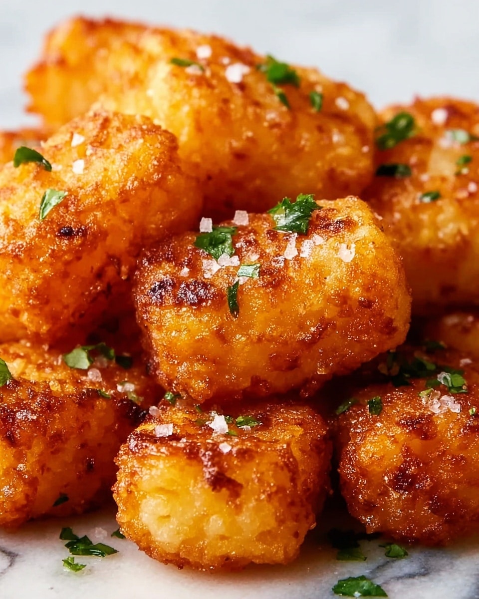 The image shows a white plate filled with several large rectangular pieces of cooked pasta, arranged close together, each piece coated in a rich orange-red sauce with a slightly crispy, textured top layer. The edges of the pasta pieces are browned, giving a toasted look. Small bits of grated cheese sprinkle lightly over the top, adding a fine white texture that contrasts with the deep orange color. Tiny green herb pieces are scattered throughout, adding spots of fresh color. The surface beneath the plate has a white marbled texture. photo taken with an iphone --ar 4:5 --v 7