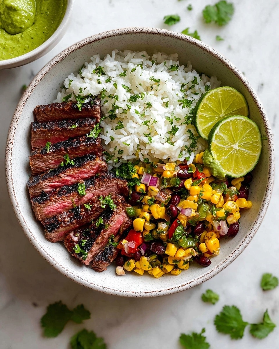 A white speckled bowl holds a layered dish starting with a base of fluffy white rice topped with chopped green herbs. On one side, there are six slices of medium-rare grilled steak, showing a pink center with charred edges, garnished with more green herbs. Next to the steak, a vibrant mix of yellow corn, small green pieces (likely peppers or beans), and bits of red onion creates a colorful vegetable medley. On the upper right of the bowl, two bright lime wedges and two dollops of smooth green sauce sit side by side. The bowl sits on a white marbled surface with scattered green herb leaves around. Photo taken with an iphone --ar 4:5 --v 7