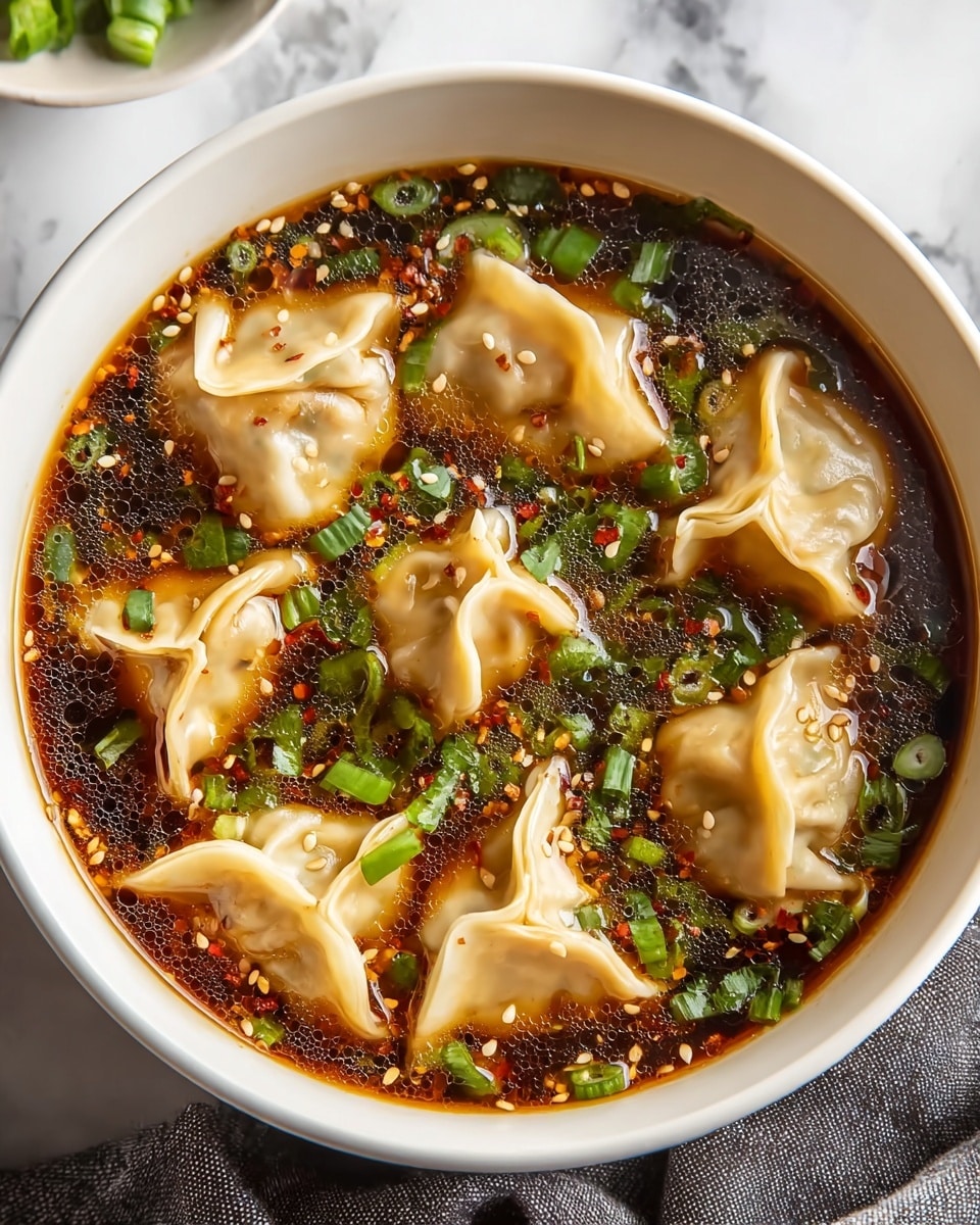 A black pot filled with clear brown broth containing ten light beige dumplings floating on top. The dumplings have soft, slightly wrinkled edges and are arranged unevenly throughout the soup. Small bright green chopped scallions, green vegetable pieces, and orange carrot chunks are spread across the broth, adding bursts of color. The pot sits on a white marbled surface with some green leaves blurred in the background. steam is rising gently from the hot soup, creating a fresh and warm feeling. photo taken with an iphone --ar 4:5 --v 7