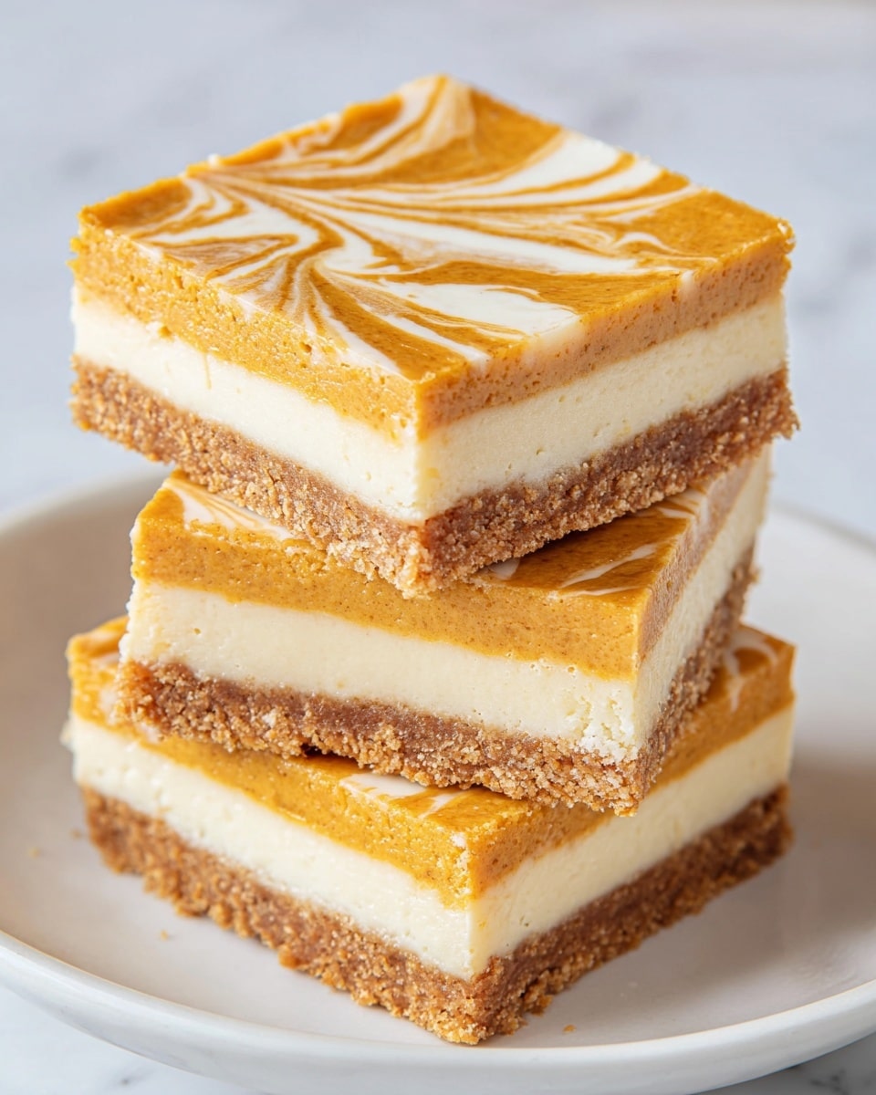 The image shows a stack of three square dessert bars, each with three visible layers. The bottom layer is a crumbly, light brown crust that looks crunchy. The middle layer is a smooth, creamy white filling. The top layer is a thicker, orange pumpkin-colored layer with a soft texture and white swirled patterns spread across its surface. The bars are neatly stacked on a white plate over a white marbled surface. The detailed layering and swirled top create a visually appealing dessert. Photo taken with an iphone --ar 4:5 --v 7
