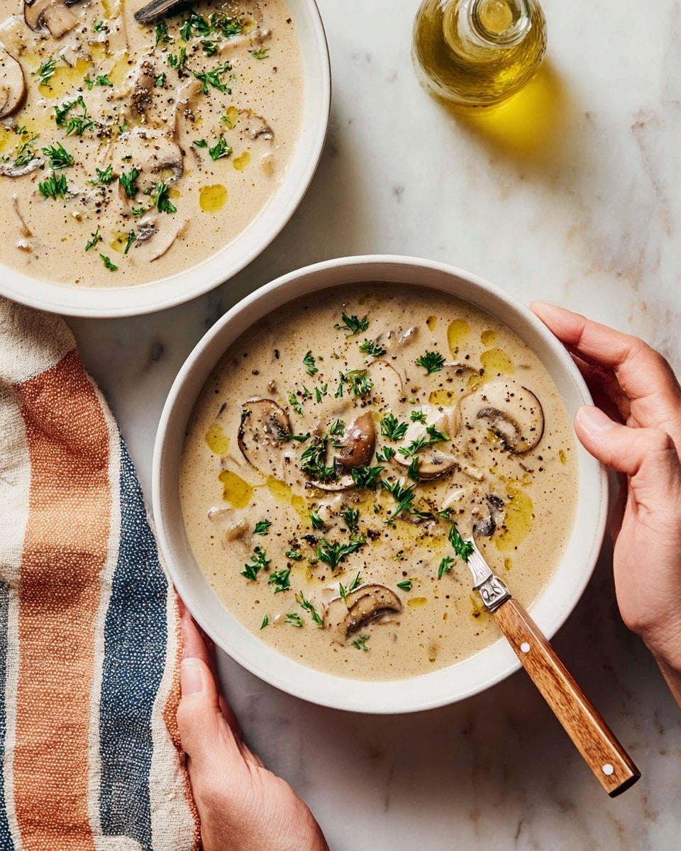 A white bowl filled with creamy light brown mushroom soup showing several visible mushroom slices throughout the soup. The top has swirls of white cream, small drops of olive oil, chopped green herbs, and cracked black pepper. A woman's hand holds the edge of the bowl on the left, and another woman's hand holds a spoon with a light wooden handle, dipping into the soup on the right. The bowl rests on a white marbled textured surface with a few green herb sprigs nearby. photo taken with an iphone --ar 4:5 --v 7