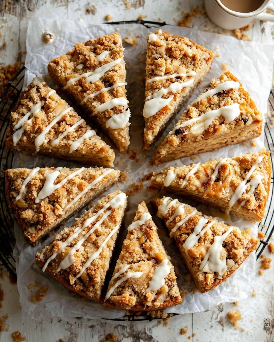 This image shows a round crumb cake cut into 12 triangular slices arranged in a circle on white parchment paper over a black wire rack. Each slice has three visible layers: a golden brown crumbly top layer with a rough texture, a middle layer of smooth, light beige cake with small dark nut pieces, and a darker golden brown bottom crust. The crumb topping is uneven and chunky, and each slice is drizzled with white icing in irregular lines and blobs. The setting has a white marbled texture surface with some cake crumbs scattered around. photo taken with an iphone --ar 4:5 --v 7