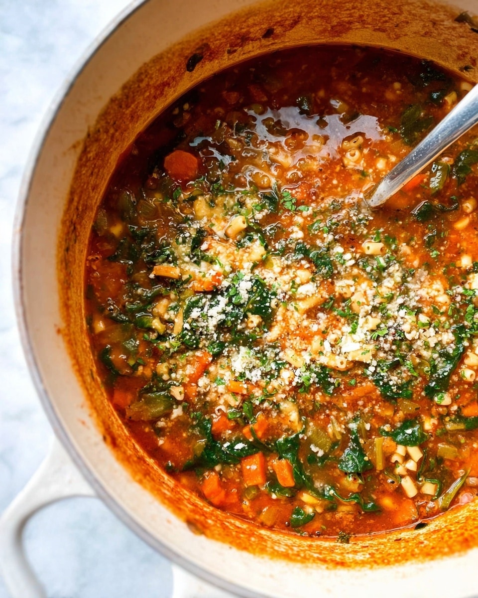 A white bowl filled with chunky vegetable soup showing three main visible layers: the bottom layer is a reddish broth mixed with small pasta pieces and diced vegetables, the middle layer has vibrant green leafy vegetables scattered throughout, and the top layer is a sprinkle of fine grated parmesan cheese covering the surface unevenly. Two toasted bread slices with a golden brown crust rest at the edge of the bowl, slightly leaning inward. A silver spoon rests inside the bowl, partially submerged in the soup. In the upper right corner, a small white bowl filled with more parmesan cheese and a spoon is visible against a white marbled texture background. photo taken with an iphone --ar 4:5 --v 7
