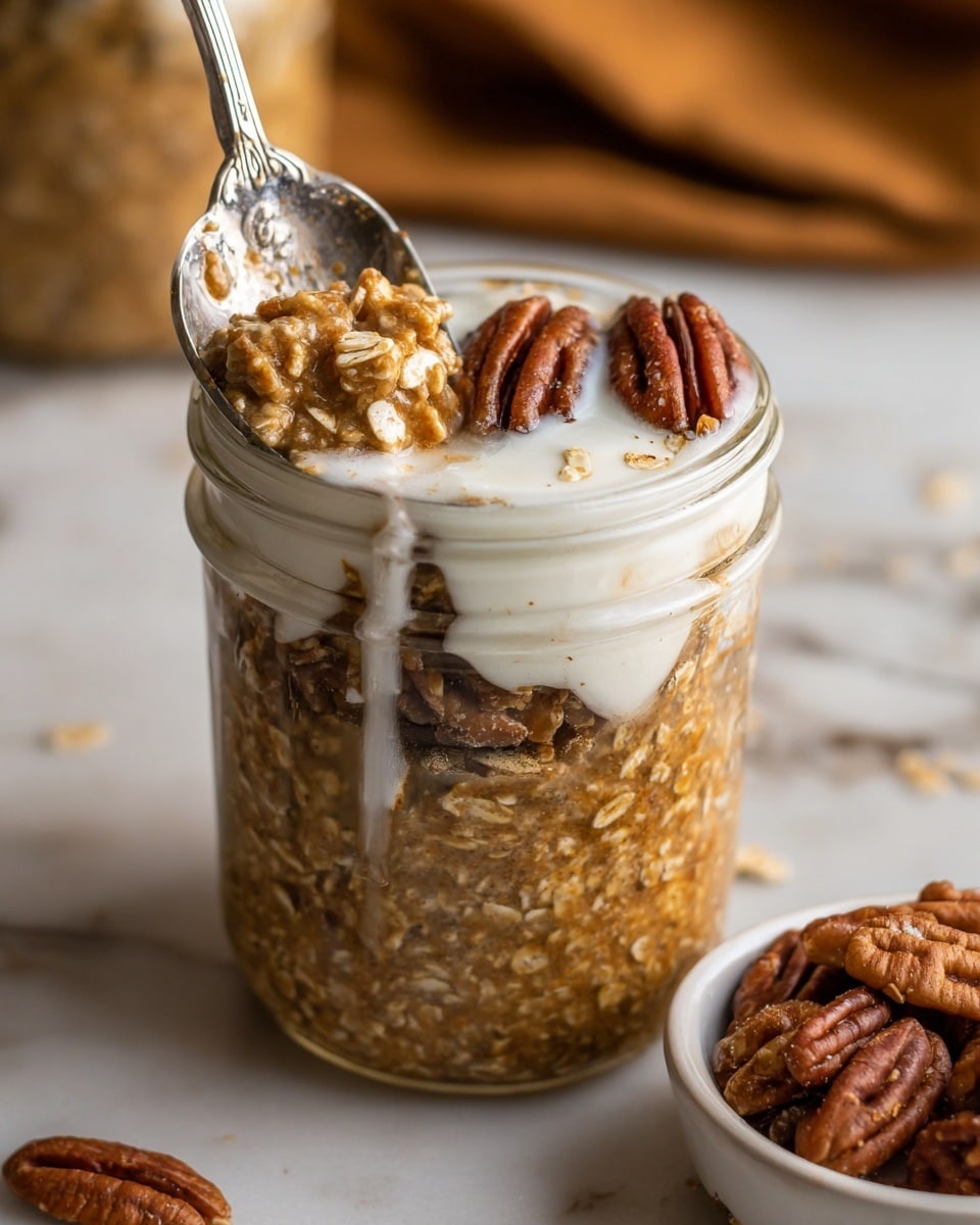 A clear glass jar filled with three visible layers: the bottom and middle layers are a thick, lumpy mixture of brown spiced oats with a slightly wet texture; the top layer is a smooth, white creamy sauce partially covering the oats, with two large pecan nuts placed on the right side near the rim of the jar. A silver spoon scoops some of the oats and cream from the jar, dipping slightly into the white layer. In the lower right corner, a small white bowl holds several brown pecan nuts. The jar and bowl sit on a white marbled textured surface with a blurred background. photo taken with an iphone --ar 4:5 --v 7