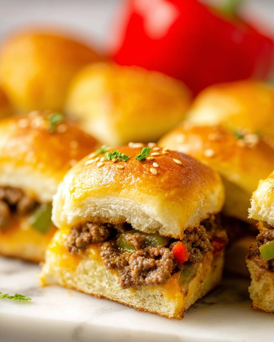 The image shows a close-up of a slider sandwich made of three visible layers: the top soft golden-brown bun sprinkled with sesame seeds and small green herbs, the middle layer of juicy cooked ground beef mixed with small chunks of green and red peppers and melted light yellow cheese, and the bottom golden-brown bun layer. The sliders are arranged closely together on a white marbled surface, with a blurred red bell pepper in the background adding a pop of color. Some green herbs are scattered on top of the buns. Photo taken with an iphone --ar 4:5 --v 7