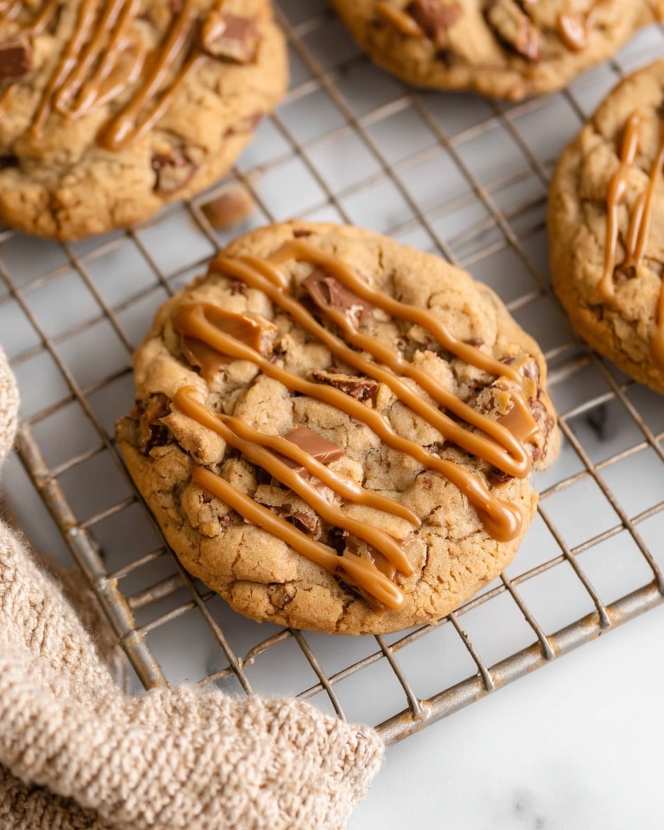 A close-up view of a single thick cookie, golden brown with a rough, bumpy texture, showing visible chunks of melted chocolate and caramel inside. The cookie is drizzled with a smooth light brown caramel sauce in uneven lines across the top. It sits on a silver wire cooling rack that is above a white marbled textured surface. Parts of other similar cookies are visible around it on the rack. A beige knitted cloth is partially seen at the bottom left corner of the image. photo taken with an iphone --ar 4:5 --v 7
