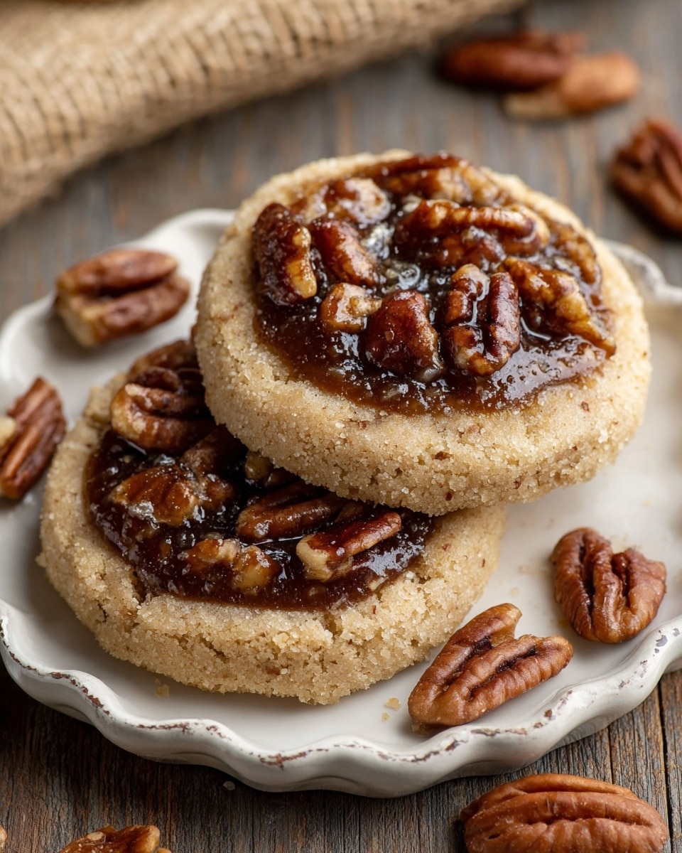 The image shows two round pecan cookies stacked on a white plate with scalloped edges, resting on a wooden surface. Each cookie has two layers: the base is a thick, crumbly, light golden-brown cookie dough with a grainy texture, and the top layer is a glossy, dark caramel filling studded with large, shiny pecan pieces that add a rich, textured look. Some pecan halves and pieces are scattered around the plate and on the surface nearby. Photo taken with an iphone --ar 4:5 --v 7