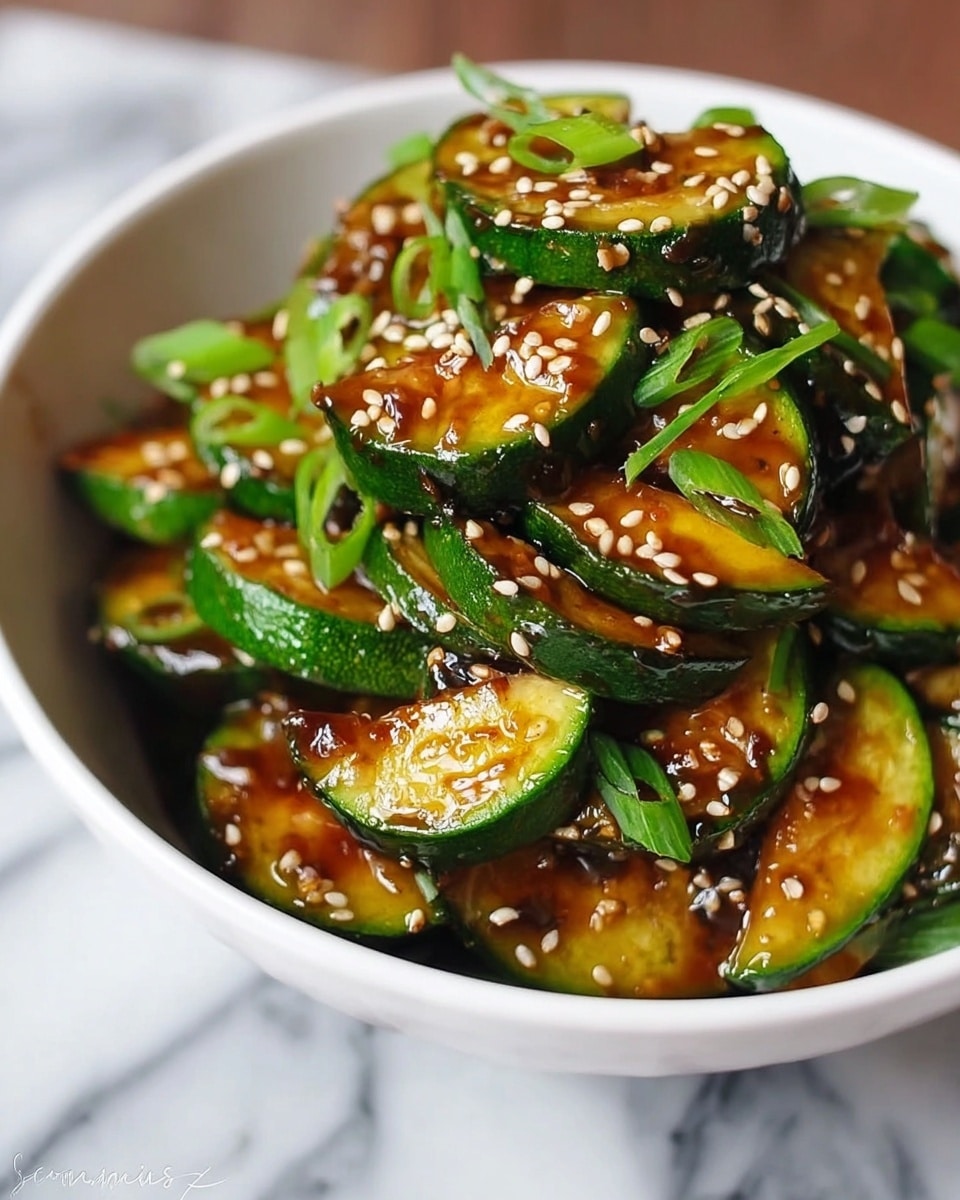 The image shows a white bowl filled with glossy, thick slices of cooked zucchini coated in a dark brown sauce. The zucchini pieces are layered unevenly, showing their soft, tender texture with the bright green skin still on. Scattered on top are white sesame seeds and bits of chopped green onions, adding a fresh green contrast to the rich sauce. The bowl is placed on a white marbled surface with a blurred background. photo taken with an iphone --ar 4:5 --v 7