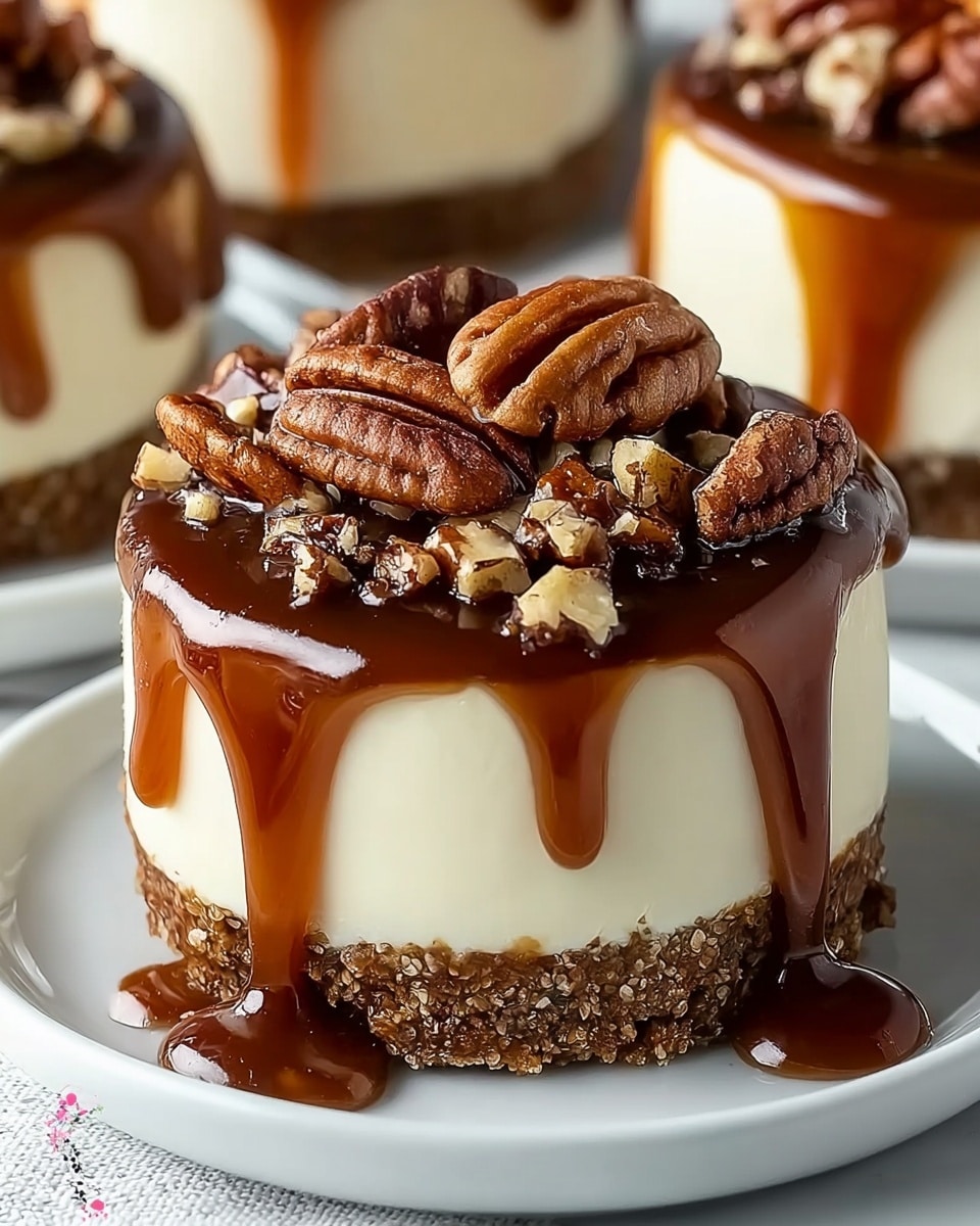 The image shows three small round cheesecakes placed on a white plate with a white marbled background. Each cheesecake has three clear layers: a bottom layer of crumbly brown crust, a thick middle layer of smooth white cheesecake, and a generous topping of glossy dark chocolate sauce mixed with caramel that drips down the sides. On top, there are chopped nut pieces and a whole pecan placed neatly on each cheesecake. There are a few whole pecans scattered on the plate around the cheesecakes. The focus is on the cheesecake in the front center, with the other two blurred slightly behind it. Photo taken with an iphone --ar 4:5 --v 7