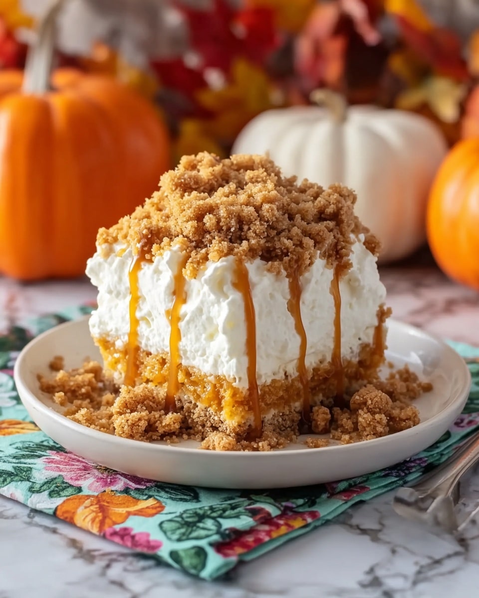 A single slice of cake sits at the center of a white plate, layered with a golden brown crumbly base topped by a thick layer of white whipped cream. Light brown crumb topping covers the entire top of the slice and spills onto the plate. Caramel sauce drips down the sides of the whipped cream in thin streams. The plate is placed on a colorful floral patterned cloth on a white marbled surface. In the blurred background, there are orange and white pumpkins and some autumn leaves. Photo taken with an iphone --ar 4:5 --v 7