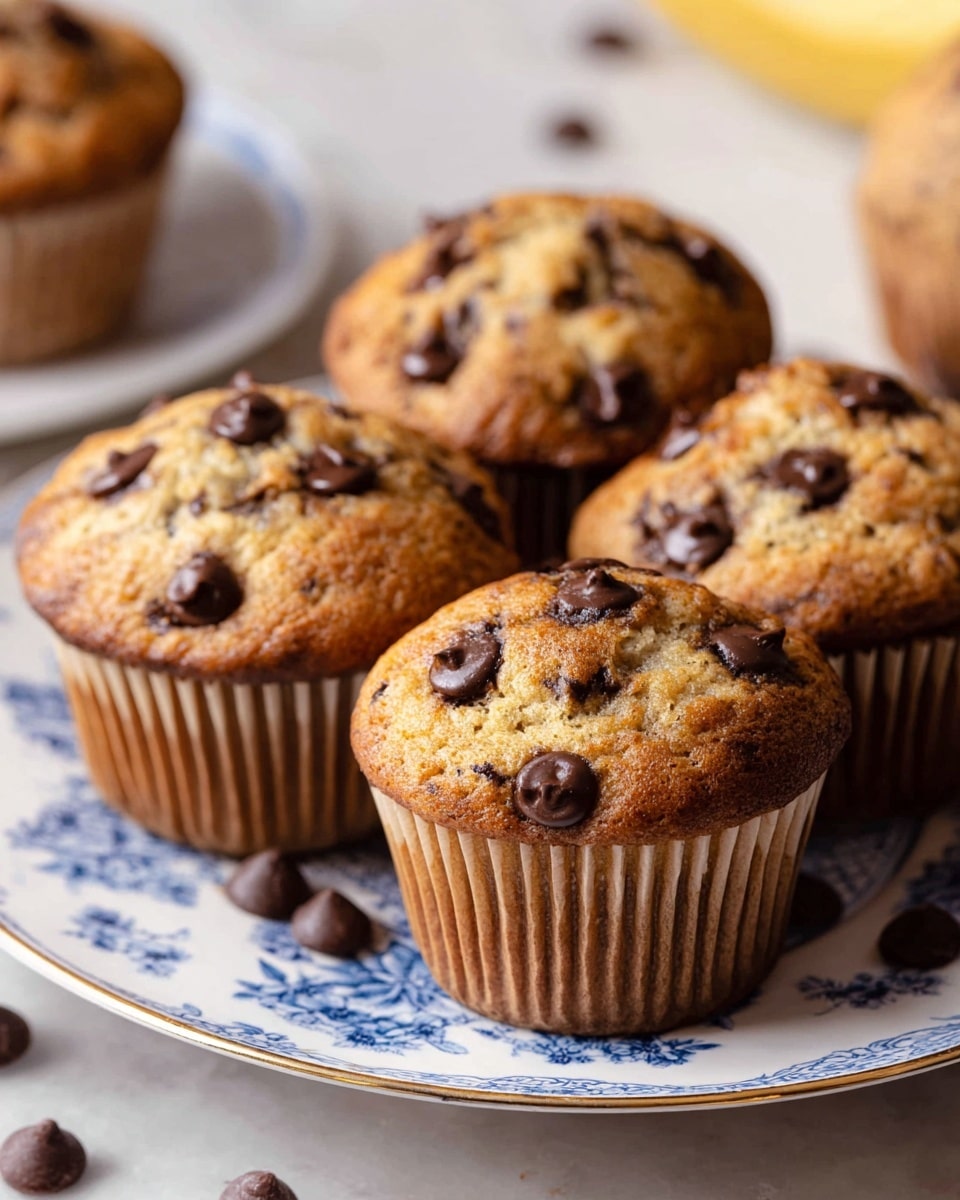 A close-up view of five chocolate chip muffins arranged on a white plate with blue floral patterns. Each muffin has a golden-brown top dotted with several large, shiny dark brown chocolate chips giving a slightly rough and crumbly texture. The muffins have paper liners showing vertical ridges at the base in a soft brown color. The white marbled surface is visible around the plate, and some scattered chocolate chips lie nearby. The background is softly blurred, highlighting the muffins’ warm tones and chocolate chip details photo taken with an iphone --ar 4:5 --v 7