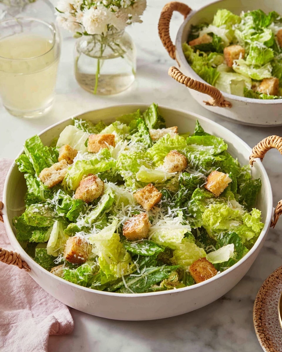 A fresh Caesar salad is shown in a white bowl and a white serving dish with woven handles. The salad has several layers starting with bright green and pale green romaine lettuce pieces. On top, there are golden brown croutons and thin shreds of white cheese sprinkled around. The salad looks lightly coated with creamy dressing giving some shiny texture on the leaves. In the background, there is a clear glass of light yellow drink and a small jar with white flowers on a white marbled surface which adds a simple, clean feel to the scene. Photo taken with an iphone --ar 4:5 --v 7