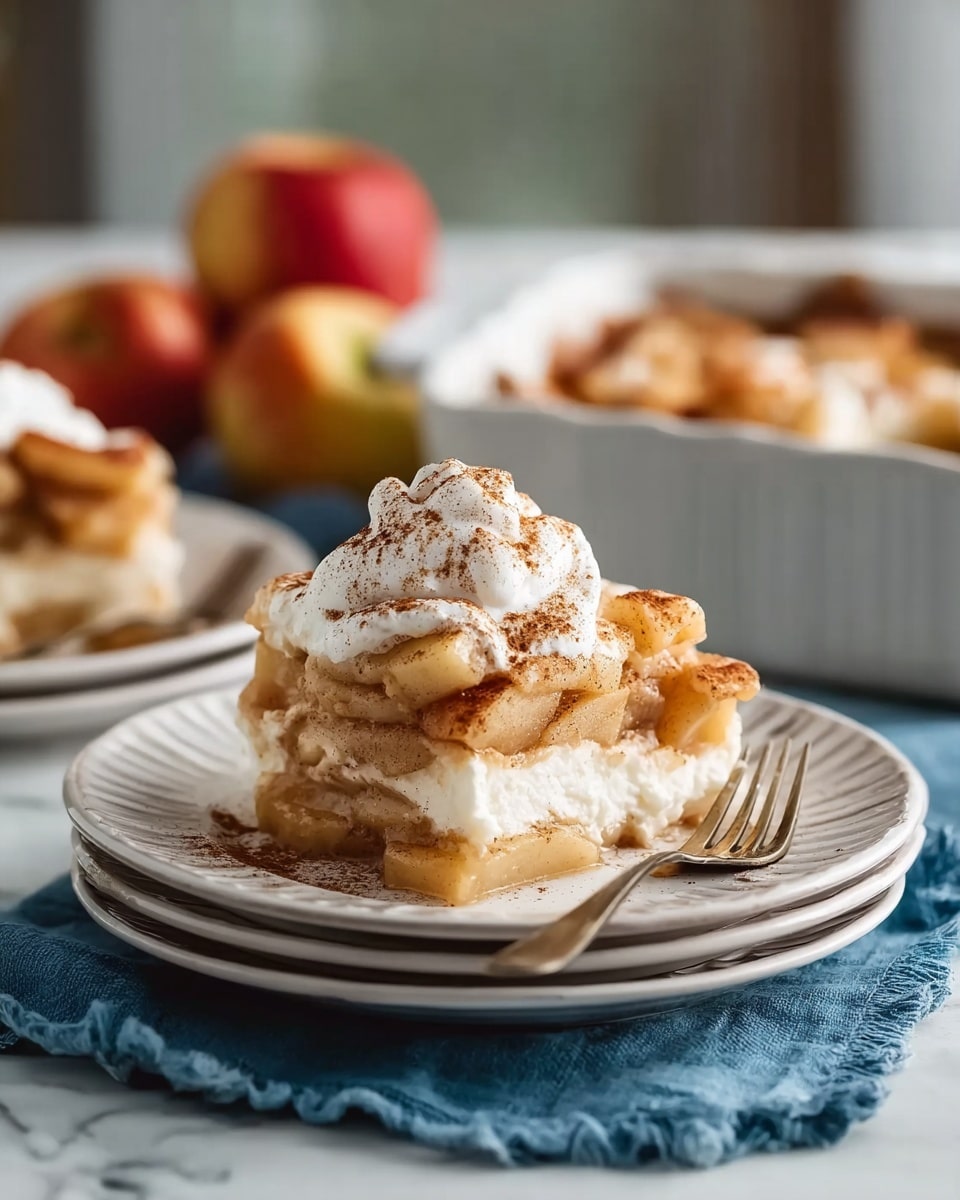 A baked dessert in a clear glass rectangular dish shows a golden-brown and creamy surface with visible baked apple slices peeking through a slightly puffed, textured top layer. The dessert appears soft and moist with sprinkled cinnamon on top, adding a darker brown contrast. The dish sits on a wooden table next to three brown eggs, a silver spoon, and a light green cloth with a tied cinnamon stick bundle. The whole scene is casual and warm with a white marbled texture background. photo taken with an iphone --ar 4:5 --v 7
