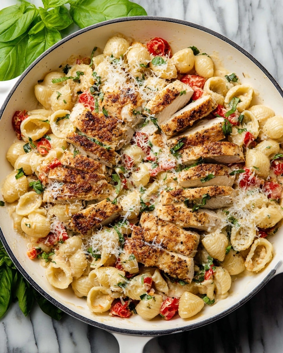 A white pan filled with a creamy pasta dish featuring about two layers: the base layer is made of beige shell pasta mixed with small chopped red tomatoes and green herbs, creating a colorful contrast, while the top layer has sliced, grilled chicken breast pieces with a golden-brown seared crust. The chicken and pasta are lightly sprinkled with grated white cheese, giving a textured finish. The pan sits on a white marbled surface with fresh green basil leaves nearby. photo taken with an iphone --ar 4:5 --v 7