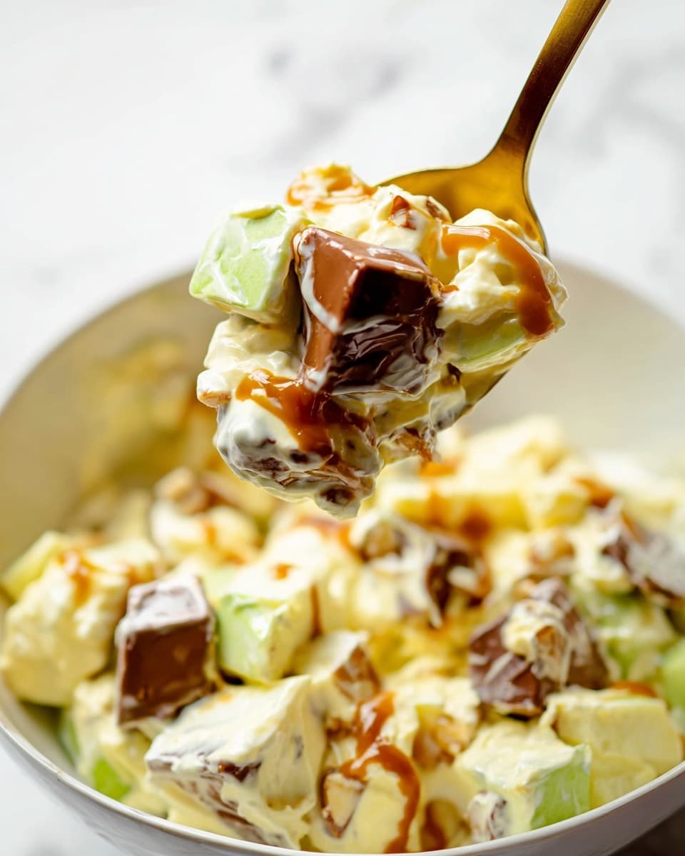 A close-up view of a spoonful of creamy salad lifted above a white bowl filled with the same mixture, resting on a white marbled surface. The salad has multiple layers including pale yellow creamy mayonnaise dressing, chunks of light green apple, and pieces of milk chocolate with nuts visible inside. There is a drizzle of brown caramel sauce adding shine and moisture to the creamy and chunky texture. The spoon is metallic gold in color, held by a woman's hand just out of frame. The background is softly blurred to keep focus on the textured salad with its mix of smooth creaminess, fresh fruit, and crunchy chocolate pieces. Photo taken with an iphone --ar 4:5 --v 7