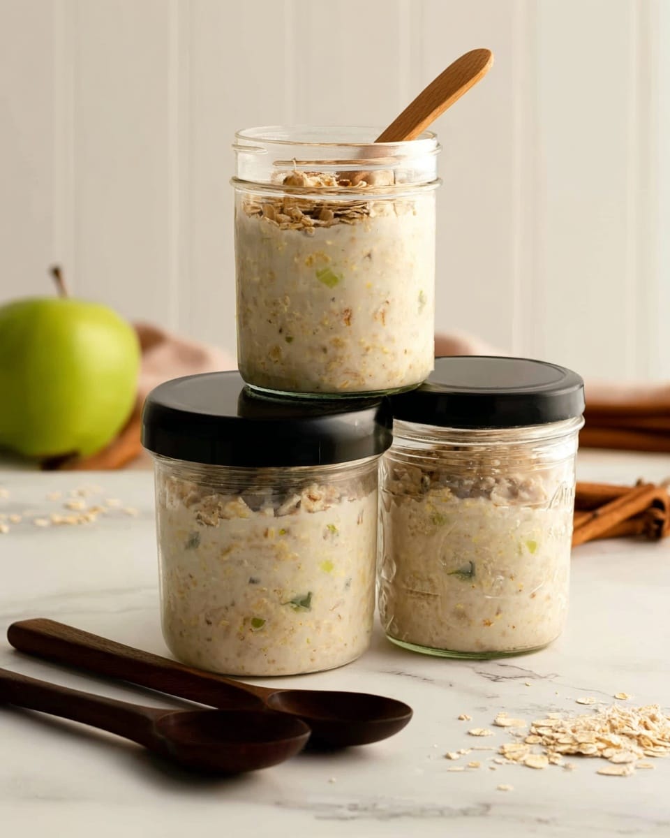 The image shows three clear jars filled with a creamy oatmeal mixture that includes visible oats and small pieces of fruit or nuts. Two jars sit side by side on a white marbled surface with black lids tightly closed, and one jar is stacked on top without a lid, with a wooden spoon inside it. The oatmeal inside the top jar looks thick and slightly chunky with creamy white color mixed with light brown and green bits. In front of the jars, there are two dark wooden spoons placed on the surface. The background has a blurred white kitchen area with a green apple and some cinnamon sticks scattered around, along with small crumbs on the white marbled texture. Photo taken with an iphone --ar 4:5 --v 7