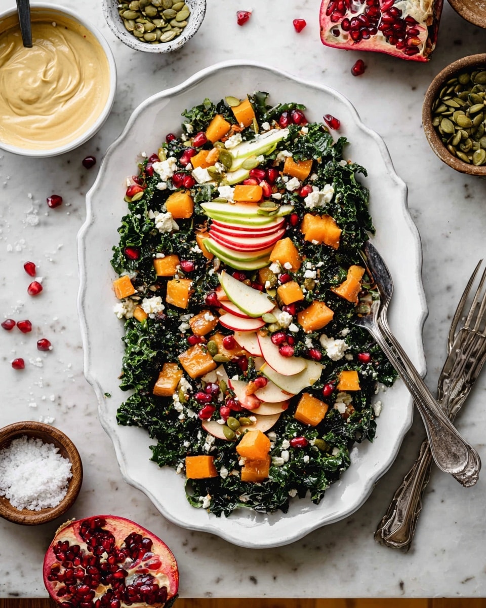 A white, scalloped oval plate holds a colorful layered salad on a white marbled surface. The base layer is dark green chopped kale, topped with bright orange cubes of butternut squash, scattered deep red pomegranate seeds, and thin slices of red and green apple arranged in small fanned stacks. Crumbled white cheese is dotted across the salad. On the side of the plate is a small bowl filled with creamy beige dressing with a smooth swirl on top. Two silver forks rest on the right edge of the plate. Around the plate are small bowls with pumpkin seeds, white cheese, coarse salt, and more pomegranate seeds with some seeds scattered loosely nearby. photo taken with an iphone --ar 4:5 --v 7