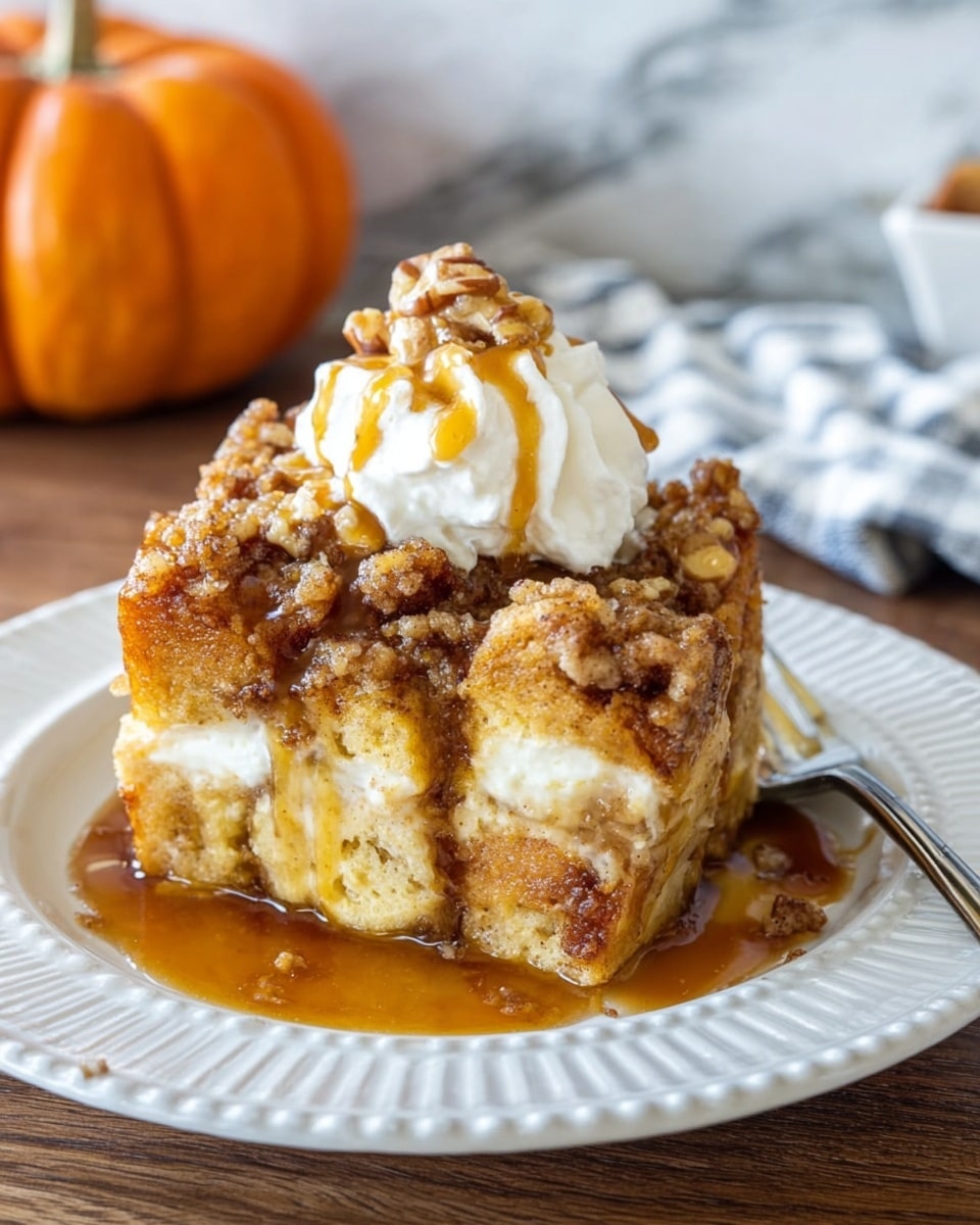 A close-up of a white baking dish with a red rim filled with a baked dessert that has three visible layers: a bottom layer of soft orange sweet potatoes, a middle layer with a light brown crumbly topping mixed with pecan pieces, and a top layer of larger brown crumb clusters and pecans scattered over the surface. The dish is on a wooden table with a blue napkin and white plates in the background along with an orange pumpkin. Photo taken with an iphone --ar 4:5 --v 7