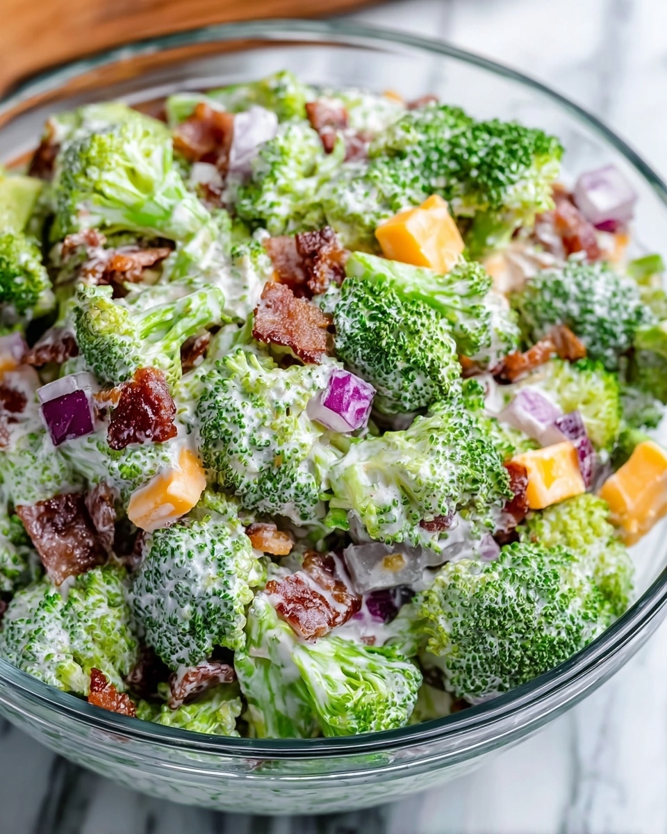 A close-up view of a clear glass bowl filled with a broccoli salad, showing bright green broccoli florets coated in a creamy white dressing. Mixed within the salad are small cubes of orange-yellow cheddar cheese, crisp reddish-brown bacon bits, and small pieces of purple-red red onion, creating a colorful mix. The broccoli pieces have a rough, textured look with small buds, while the dressing smoothly coats all ingredients. The bowl sits atop a white marbled surface, adding a clean contrast to the vibrant colors. Photo taken with an iphone --ar 4:5 --v 7