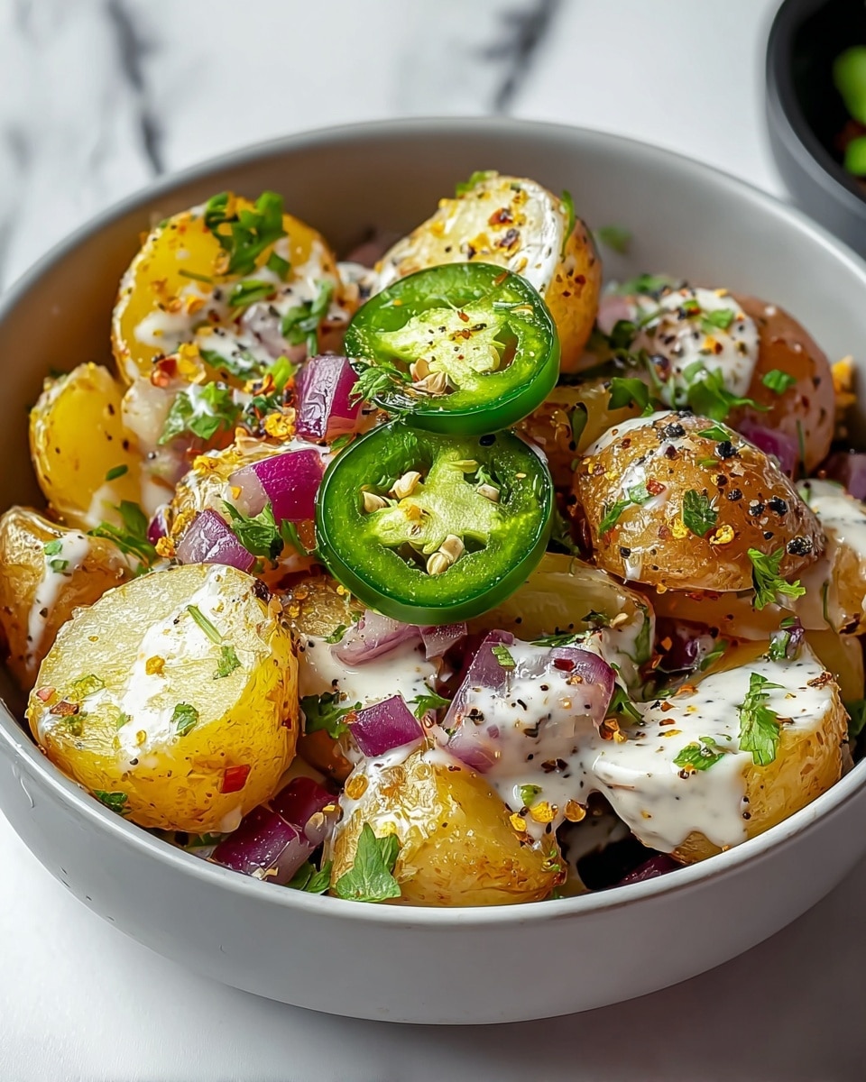 A gray bowl filled with creamy potato salad featuring small chunks of yellow potatoes mixed with red skin pieces, all coated in a white creamy dressing. The salad is topped with bright orange shredded cheese, finely chopped green herbs, and a single green jalapeno slice placed in the center. The texture looks rich and cold, with the ingredients layered naturally in the bowl. The bowl sits on a white marbled surface. Photo taken with an iphone --ar 4:5 --v 7