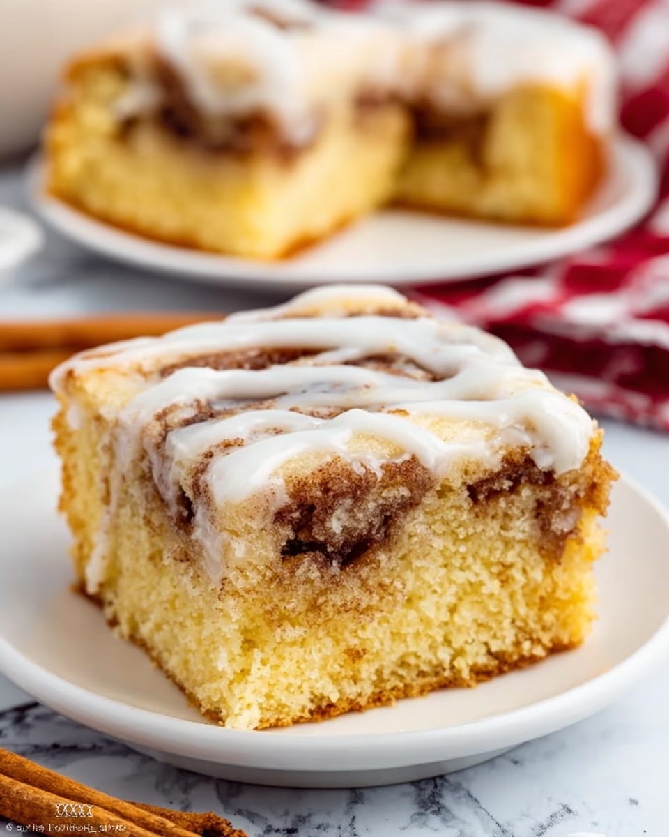 The image shows two square pieces of cinnamon roll cake on a white plate, placed on a white marbled surface. Each piece has three visible layers: the bottom layer is a golden yellow cake base that looks soft and moist, the middle layer is a swirled cinnamon filling with a brown color and a slightly crumbly texture, and the top layer is thick white icing with a smooth and creamy texture, drizzled slightly unevenly over the cake. In the background, there is a blurry white plate with more pieces of the same cake and a glimpse of some cinnamon sticks peeking in from the left. Photo taken with an iphone --ar 4:5 --v 7