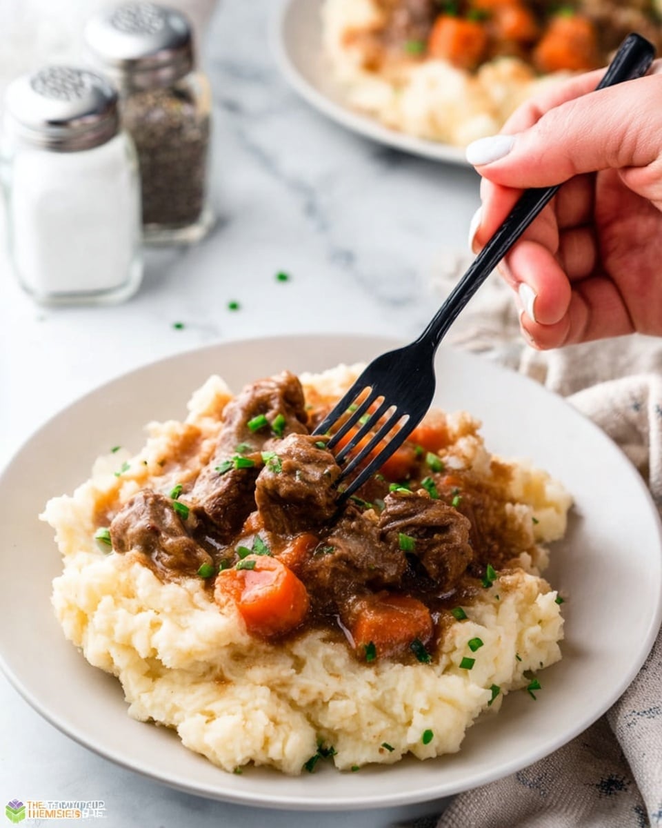 The image shows a white plate with creamy mashed potatoes as the bottom layer, smooth and light yellow in color. On top of the mashed potatoes is a layer of cooked ground meat, brown and crumbly with bits of red tomatoes mixed in. There are small green herb leaves sprinkled over the meat, adding a fresh touch. The plate is placed on a light brown cloth on a white marbled surface, and a silver fork rests on the side of the plate. In the background, there are three red apples slightly out of focus. Photo taken with an iphone --ar 4:5 --v 7