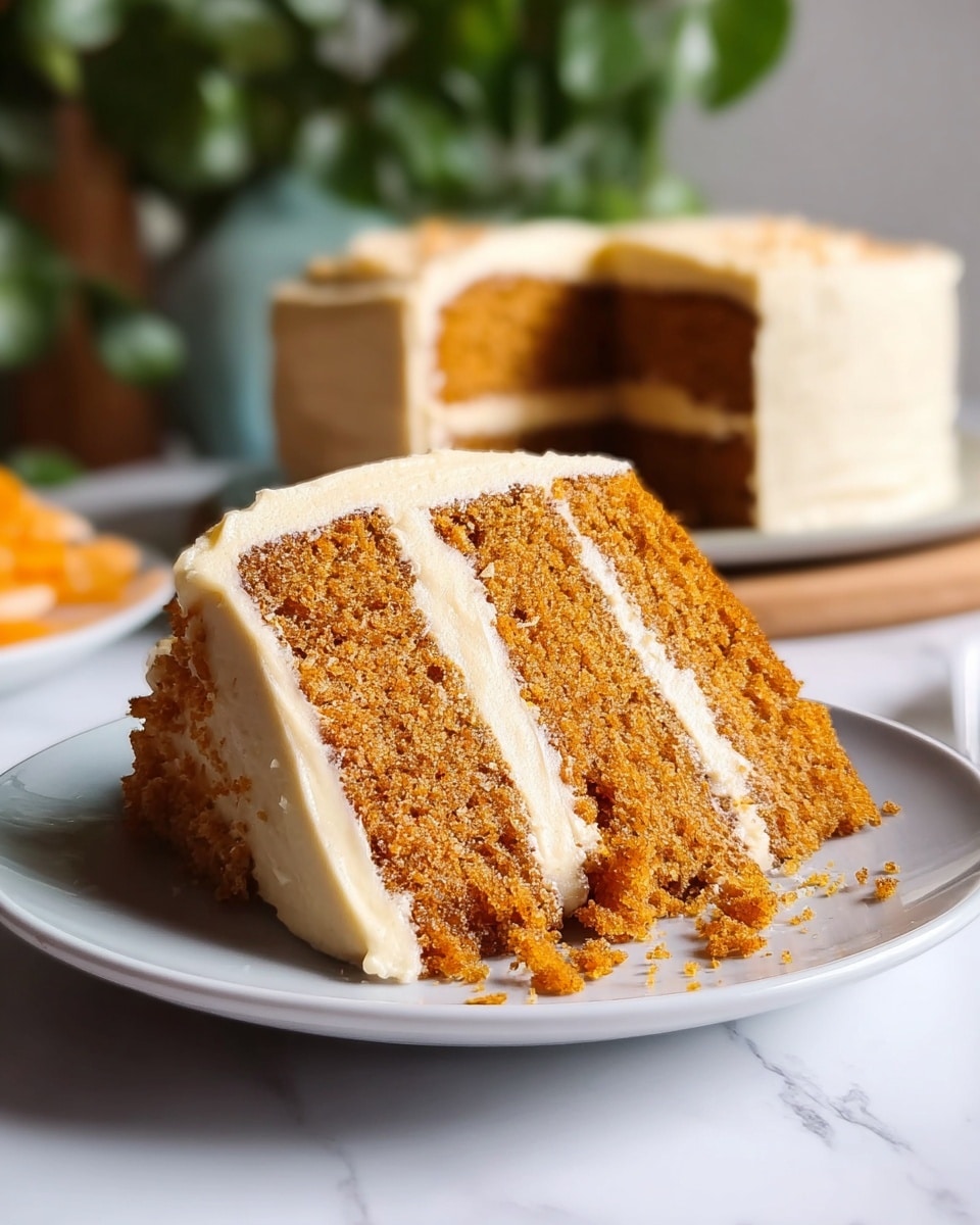 A slice of two-layer orange-brown cake with a creamy light beige frosting layer between and on top, resting on a white plate. The cake texture looks soft and crumbly, with some crumbs scattered near the base. In the background, part of the full cake with matching layers of orange-brown cake and smooth light beige frosting is visible, placed on a white plate on a white marbled surface with blurred green leaves above. Photo taken with an iphone --ar 4:5 --v 7