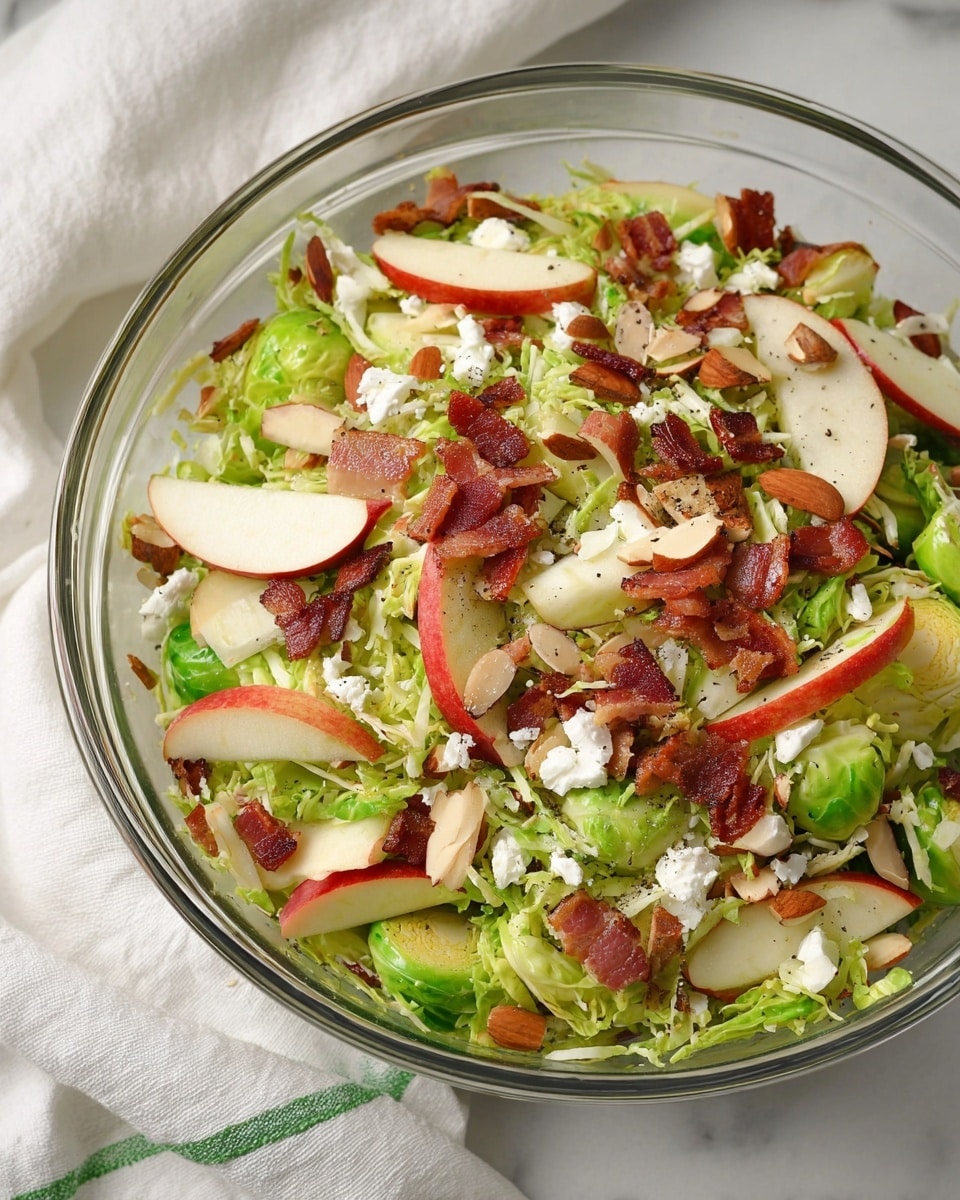 A clear glass bowl filled with a fresh salad placed on a white marbled surface, lined with a white towel that has green stripes. The salad has bright green shredded Brussels sprouts as the base layer, topped with thinly sliced red apple wedges with light cream flesh. Scattered on top are small, crispy pieces of reddish-brown bacon and slices of light brown almonds. Adding texture and color contrast, white crumbly cheese dots the salad, while tiny black pepper specks are sprinkled throughout. The overall look is vibrant and crisp, showing a mix of fresh, crunchy, and savory elements. photo taken with an iphone --ar 4:5 --v 7