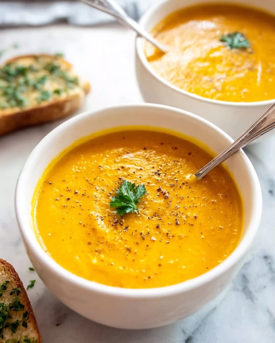 A white bowl filled with smooth, bright orange soup topped with a small green parsley leaf and sprinkled with black pepper and spices, placed on a white marbled surface. Nearby, there is a piece of bread with green herbs on it, and a beige cloth is partially visible on the left side. The scene is softly lit with natural light, showing the creamy texture of the soup clearly. photo taken with an iphone --ar 4:5 --v 7