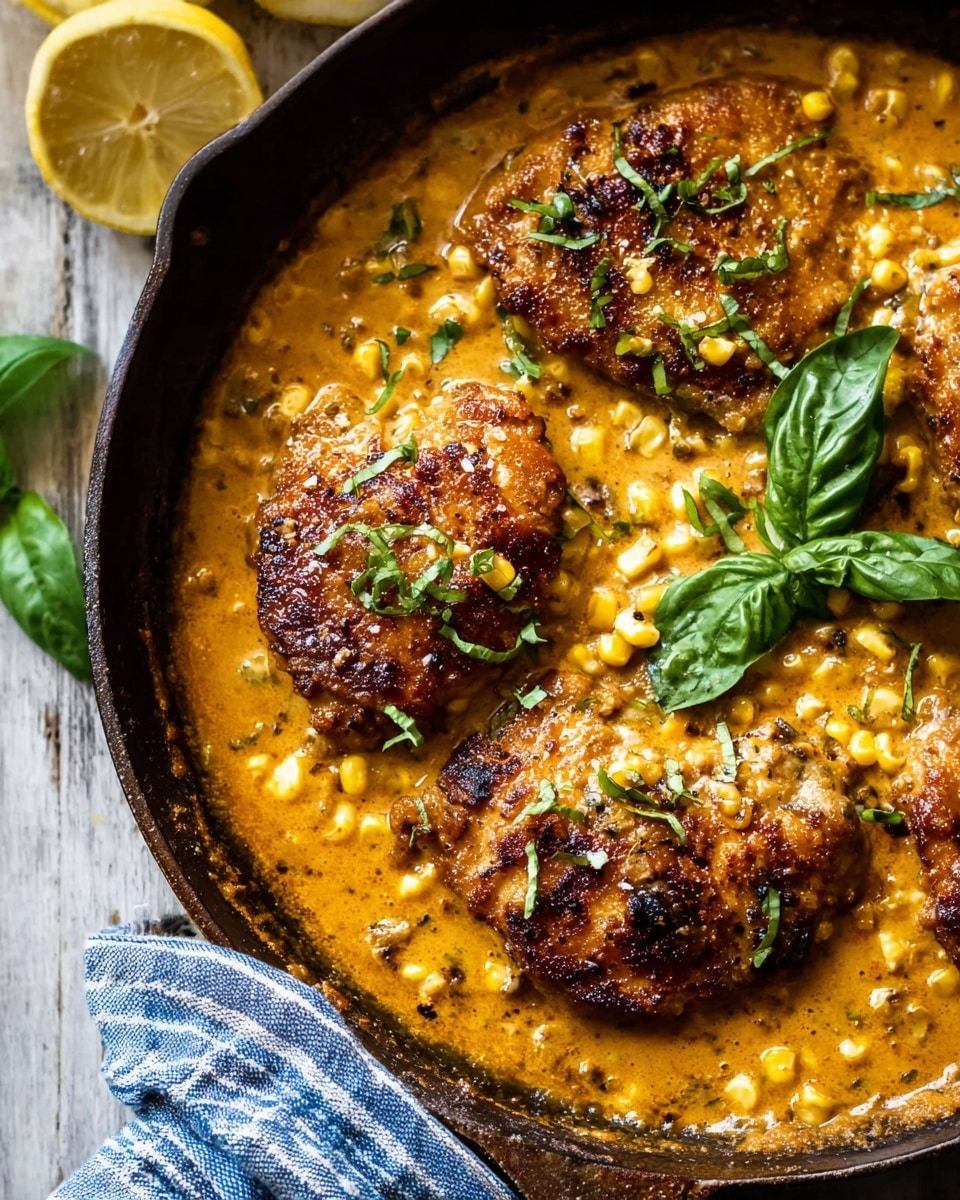 A close-up view of a black cast iron pan filled with four pieces of browned, crispy chicken partially dipped in a thick, creamy orange sauce with visible small corn kernels throughout. The chicken pieces have a golden-brown crust with scattered sprigs of fresh green herbs on top. The pan is set on a white marbled textured surface with lemon wedges and fresh basil leaves placed nearby, and a blue and white striped cloth partially under the pan. photo taken with an iphone --ar 4:5 --v 7