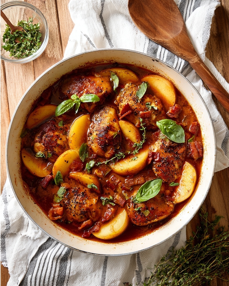 A close-up view of a white pan filled with cooked chicken pieces and sliced yellow peaches in a rich, reddish-brown sauce, garnished with fresh green basil leaves and small bits of crispy bacon. The chicken pieces have a golden-brown sear with visible pepper specks, and the peach slices are soft and juicy, some partially submerged in the sauce. The pan rests on a white cloth with gray stripes, placed on a wooden surface, with a wooden spoon and sprigs of fresh herbs nearby. A small glass bowl containing chopped green herbs is visible on the side. The scene is bright and warm, highlighting the textures and colors of the dish vividly. photo taken with an iphone --ar 4:5 --v 7