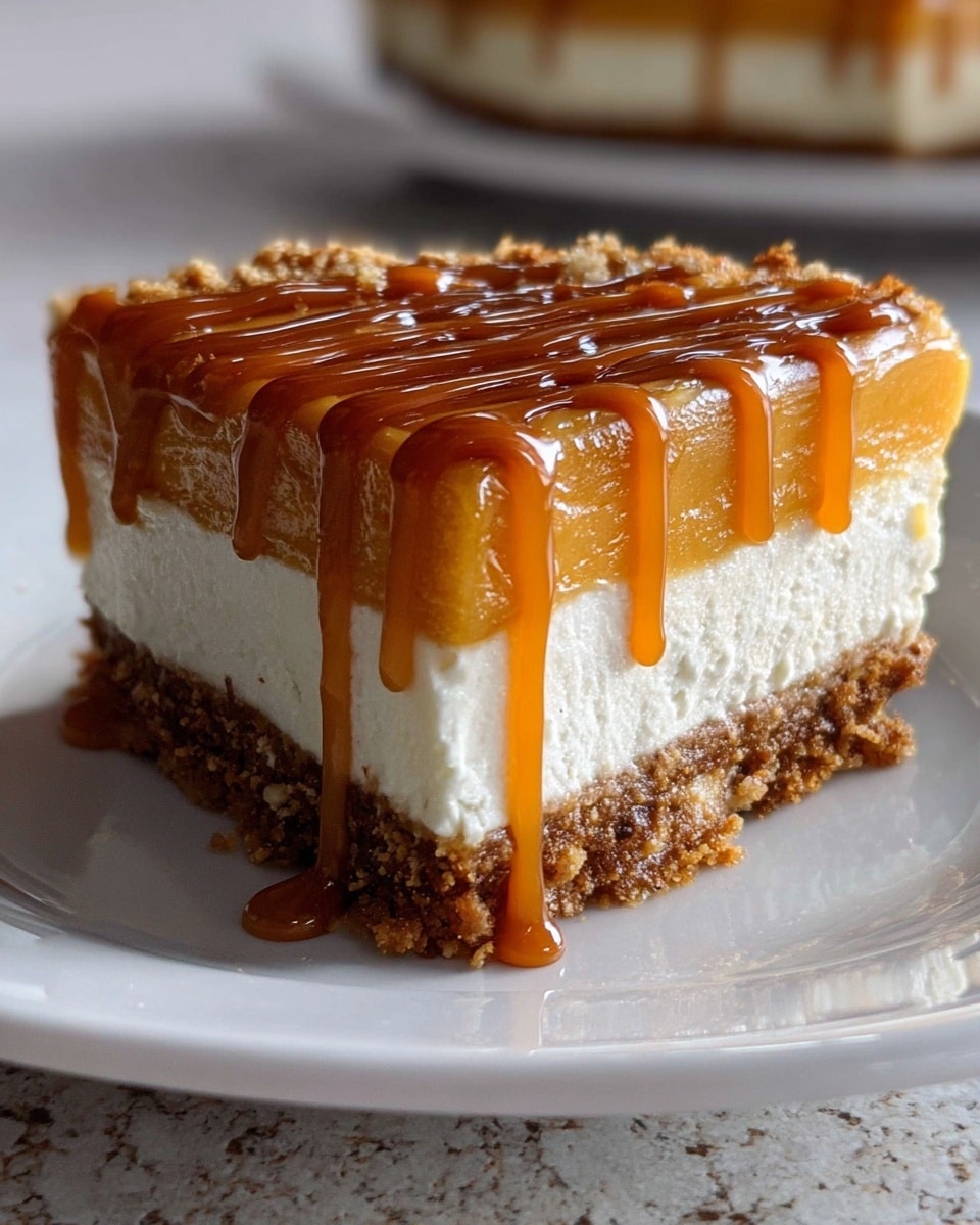 A slice of pie with three clear layers sits on a white plate over a white marbled surface. The bottom layer is a crumbly, golden brown crust that forms a sturdy base. The middle layer is thick and smooth, with a rich orange-brown color, resembling pumpkin filling. On top is a fluffy white whipped cream layer, slightly soft and creamy. A thick caramel sauce is drizzled generously over the pie, dripping down the sides and pooling slightly on the plate, its glossy amber color standing out. The scene is lit naturally, with a sharp focus on the pie that shows its rich textures up close. photo taken with an iphone --ar 4:5 --v 7