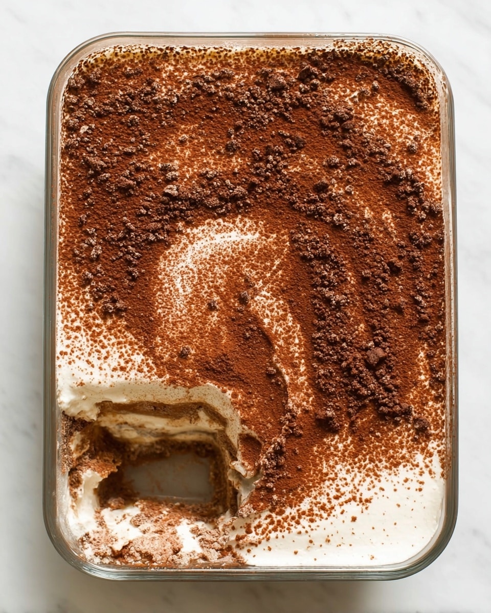 A clear square glass container holds a layered dessert with three visible layers: the bottom layer is dark brown and speckled with chia seeds, the middle layer is creamy and white, partially scooped out to show texture, and the top layer is a smooth dark brown cocoa powder dusting evenly spread across the surface. A spoon is placed on the right side inside the container, slightly digging into the white layer. In the background, there are three white bowls stacked and stacked and turned upside down on a white marbled surface. photo taken with an iphone --ar 4:5 --v 7