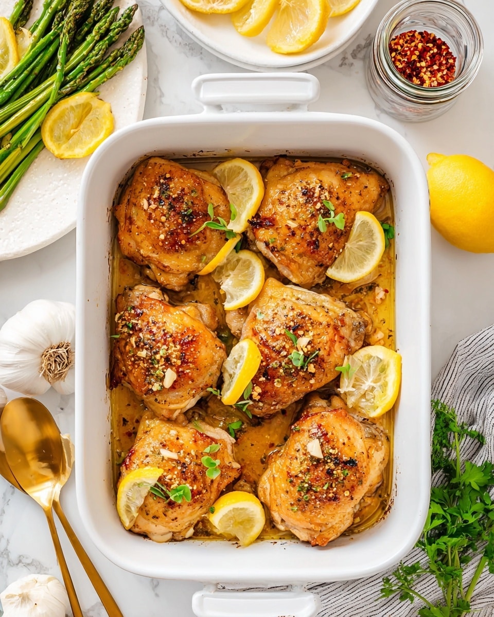 A white rectangular baking dish holds six pieces of golden-brown roasted chicken thighs with a slightly crispy texture, each sprinkled with small bits of garlic and herbs. Bright yellow lemon wedges are placed around and on the chicken, adding a fresh contrast. Small green herb leaves are scattered on top of the chicken thighs for garnish. The dish rests on a white marbled surface, surrounded by fresh asparagus on a white plate, lemon halves, a jar of red pepper flakes, a small bowl with a golden spoon, fresh green herbs, and a bulb of garlic. photo taken with an iphone --ar 4:5 --v 7