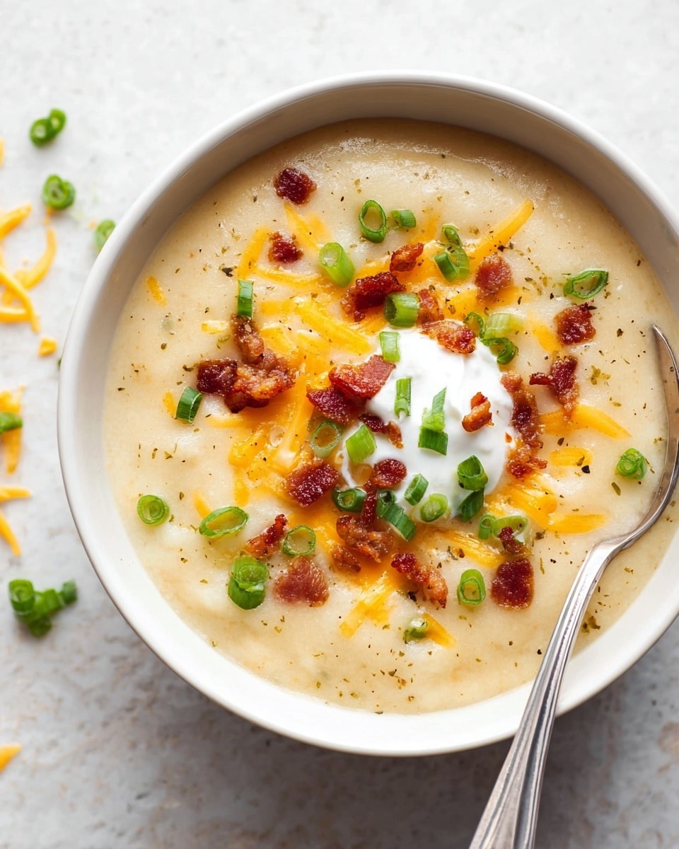 A white bowl filled with creamy, thick potato soup that has a smooth texture and light beige color. On top, there is a dollop of white sour cream in the center, surrounded by small pieces of crispy, reddish-brown bacon, bright green chopped scallions, and scattered shredded yellow cheddar cheese. A silver spoon rests inside the bowl on the right side. The bowl sits on a white marbled surface with a few pieces of chopped scallion on it. Photo taken with an iphone --ar 4:5 --v 7