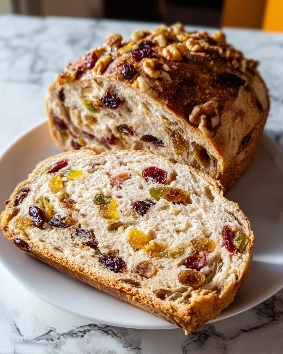 The image shows a loaf of bread with two pieces on a white plate, resting on a white marbled surface. The bread has a golden-brown crust with a slightly rough texture and is topped with chopped walnuts. Inside, the bread is light and fluffy with visible chunks of dried cranberries, raisins, and yellow dried fruit spread evenly throughout. The slice in front reveals a soft, porous texture with colorful dried fruit bits dotted inside, giving it a rich, textured look. Photo taken with an iphone --ar 4:5 --v 7