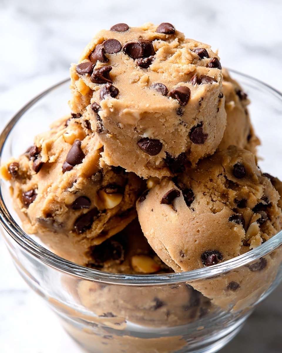 A close-up view of four thick, chunky cookie dough pieces stacked inside a clear glass bowl, showing a soft, slightly crumbly texture with visible swirls and chocolate chips scattered throughout. The dough is a light brown color with small bits of what looks like white chocolate or nuts mixed in. The top piece is round and slightly flattened with a rough surface and many dark brown chocolate chips embedded, some slightly melting. The glass bowl is filled but not overflowing, sitting on a white marbled surface. photo taken with an iphone --ar 4:5 --v 7