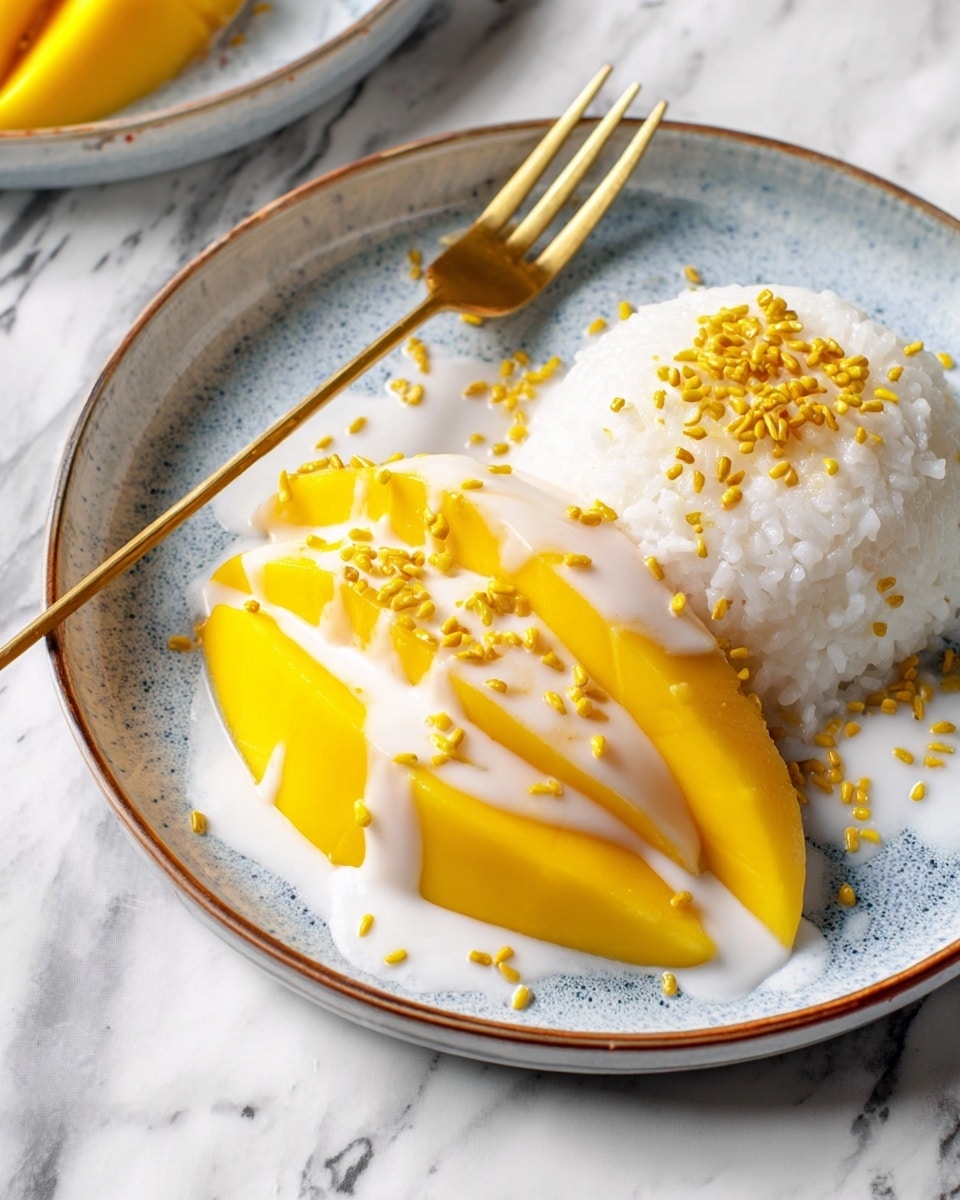 The image shows three white bowls each with two main layers: a white, creamy sticky rice base topped with sliced bright orange mango arranged in a fan shape, all drizzled with thick white coconut sauce and sprinkled with crunchy toasted yellow mung beans. The bowls are placed on a white marbled surface with a cream-colored striped cloth nearby. Each bowl has a fork resting inside or beside it, and in the top left corner, there is a small white bowl filled with extra toasted mung beans, some spilled on the surface. Photo taken with an iphone --ar 4:5 --v 7
