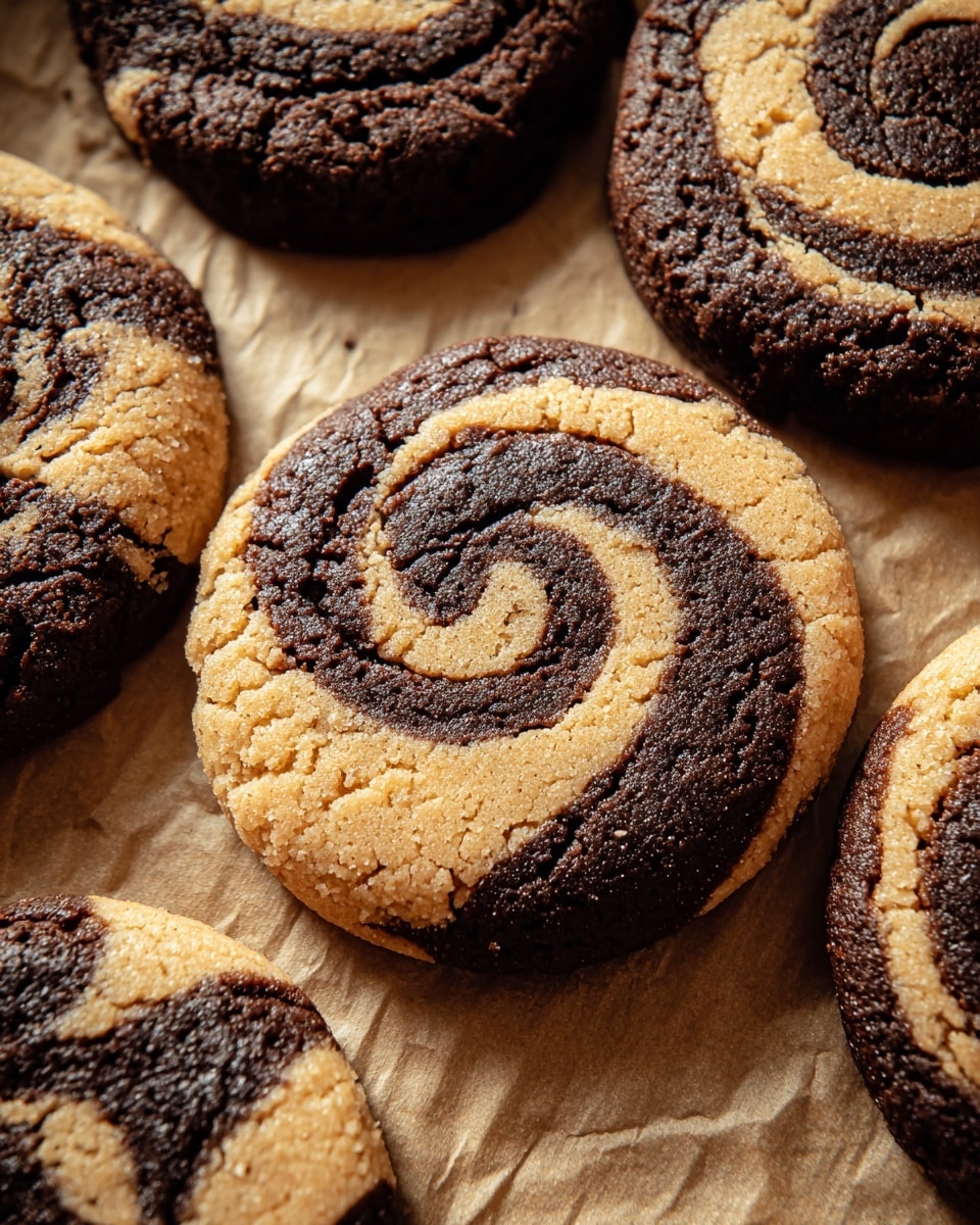 Round cookies with two layers are shown on light brown parchment paper. The bottom layer is thick, dark brown, and looks soft with a slightly crumbly texture. The top layer swirls with light tan and dark brown colors mixed together in a spiral pattern. The surface of the cookies is cracked slightly, showing a baked texture. The cookies are closely placed on the parchment paper. photo taken with an iphone --ar 4:5 --v 7