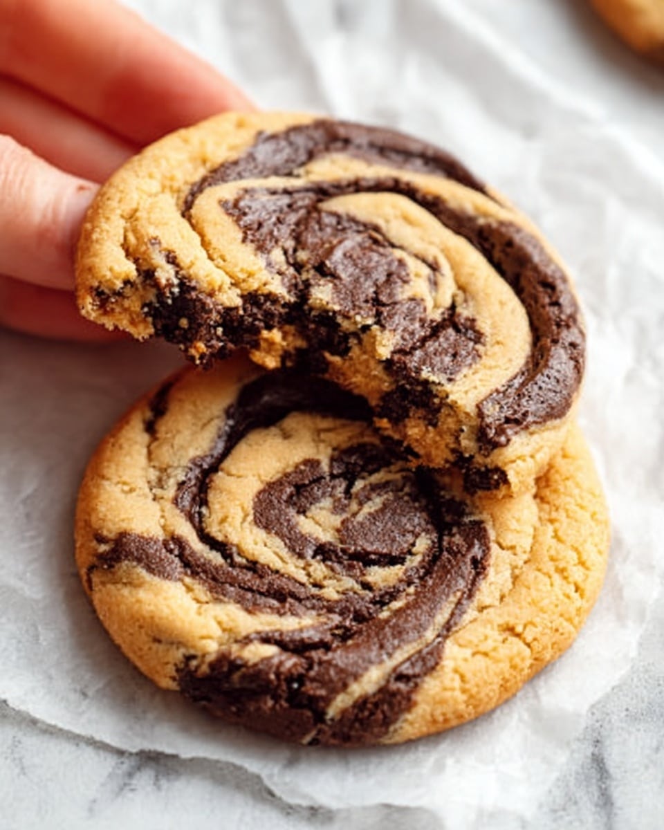 The image shows two peanut butter and chocolate swirl cookies on white parchment paper with one cookie broken in half to reveal a soft inside. Each cookie has two visible layers: a golden brown, smooth peanut butter layer that forms the cookie's base and a dark, rich chocolate layer swirled throughout the top, creating a marbled spiral pattern. The cookies have a slightly crispy edge but look soft and chewy in the center. A woman's hand is gently holding the broken cookie piece on the left side. The background is a white marbled texture. Photo taken with an iphone --ar 4:5 --v 7