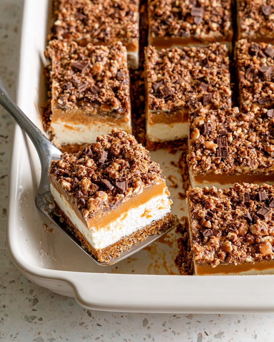 The image shows a white rectangular baking dish containing six square dessert bars, one of which is lifted on a metal spatula. Each bar has three visible layers: a bottom biscuit crust in light brown, a thick creamy white middle layer, and a smooth caramel brown layer on top of the cream. The bars are generously covered with a crunchy topping of chopped nuts and chocolate pieces in shades of brown and tan, creating a textured surface. The white marbled texture is visible in the background, adding a clean contrast to the dish. Photo taken with an iphone --ar 4:5 --v 7