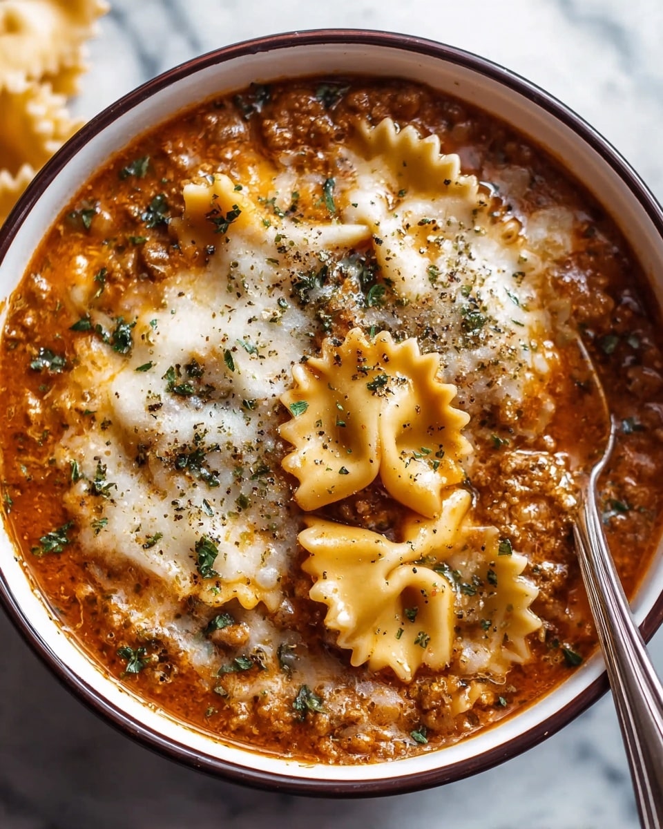 A bowl filled with lasagna soup, showing three main layers: the base layer is a thick, reddish-brown meat sauce with visible ground beef, the middle layer consists of wavy-edged pasta pieces in a soft yellow color partially submerged in the sauce, and the top layer is melted white cheese sprinkled with green herbs and black pepper. The bowl is white with a dark rim, placed on a white marbled surface, and a spoon is partially dipped into the soup on the right side of the bowl. photo taken with an iphone --ar 4:5 --v 7