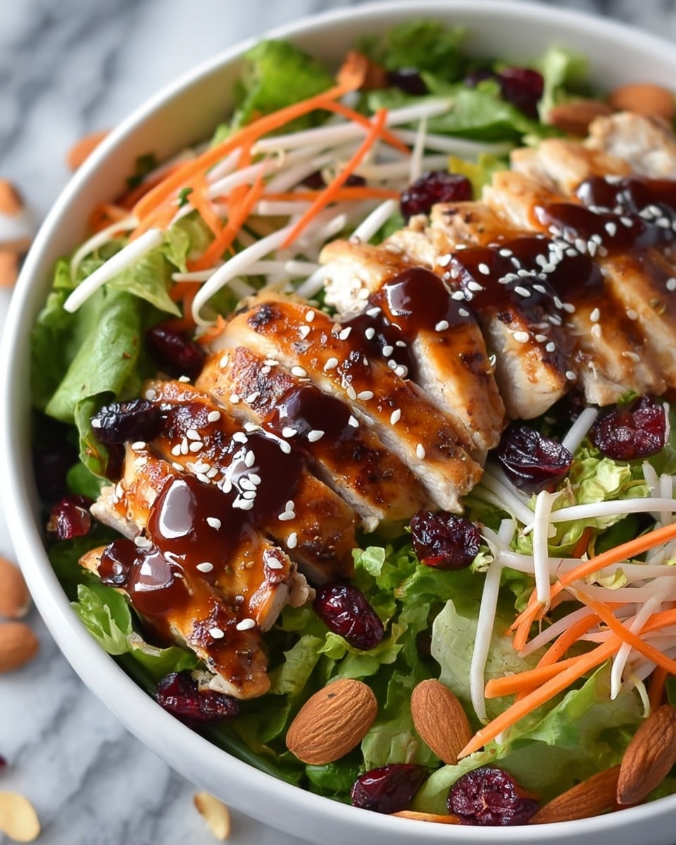 A white bowl filled with a fresh salad showing three main layers: the base layer is bright green mixed leafy greens and herbs, the middle layer contains thin orange carrot sticks, white bean sprouts, and scattered almonds, while the top layer features several thick slices of grilled chicken breast with light charring, glazed with a shiny dark brown sauce and sprinkled with white sesame seeds and dried dark red cranberries. The colors are vivid with a mix of green, orange, white, and deep red, all on a white marbled surface. photo taken with an iphone --ar 4:5 --v 7
