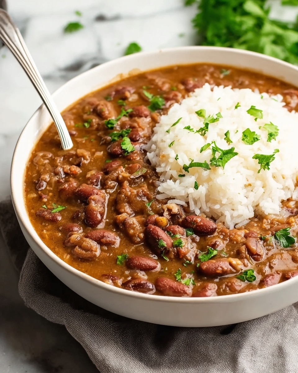 A white bowl filled with a thick, brown stew made of red beans and tender pieces of meat, smooth but with visible bean shapes, topped with a mound of white rice that contrasts with the stew, scattered with small bright green parsley leaves for garnish, a silver spoon partially visible inside the bowl, all placed on a light grey cloth against a white marbled surface with some blurred greenery in the background. photo taken with an iphone --ar 4:5 --v 7