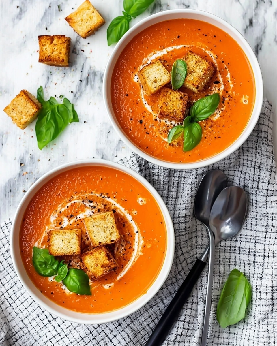 A white bowl with a black rim holds a smooth, bright orange soup filling most of the bowl. On top, there is a swirl of light cream forming the second layer, topped with three toasted golden-brown croutons with a slightly charred texture. Fresh green basil leaves rest on the croutons, adding a vivid contrast. The bowl sits on a wooden board with a grey and white checkered cloth partially under it, all placed on a white marbled surface. In the background, another similar bowl and a wooden board with more croutons are softly blurred. photo taken with an iphone --ar 4:5 --v 7